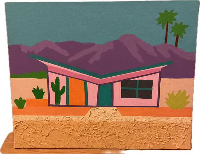 Colorful painting of a modern house with a flat roof, desert landscape with mountains, palm trees, cacti, and bushes in the background.