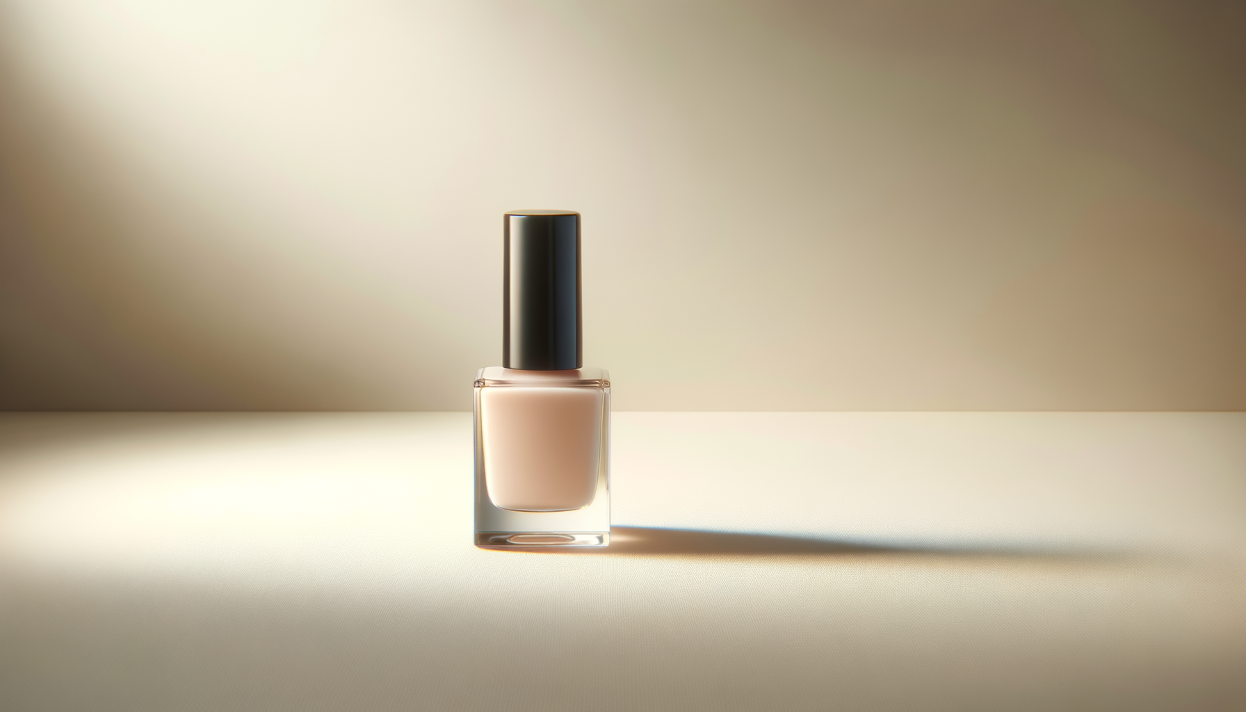 A bottle of beige nail polish with a black cap, placed on a light surface with a gradient background.