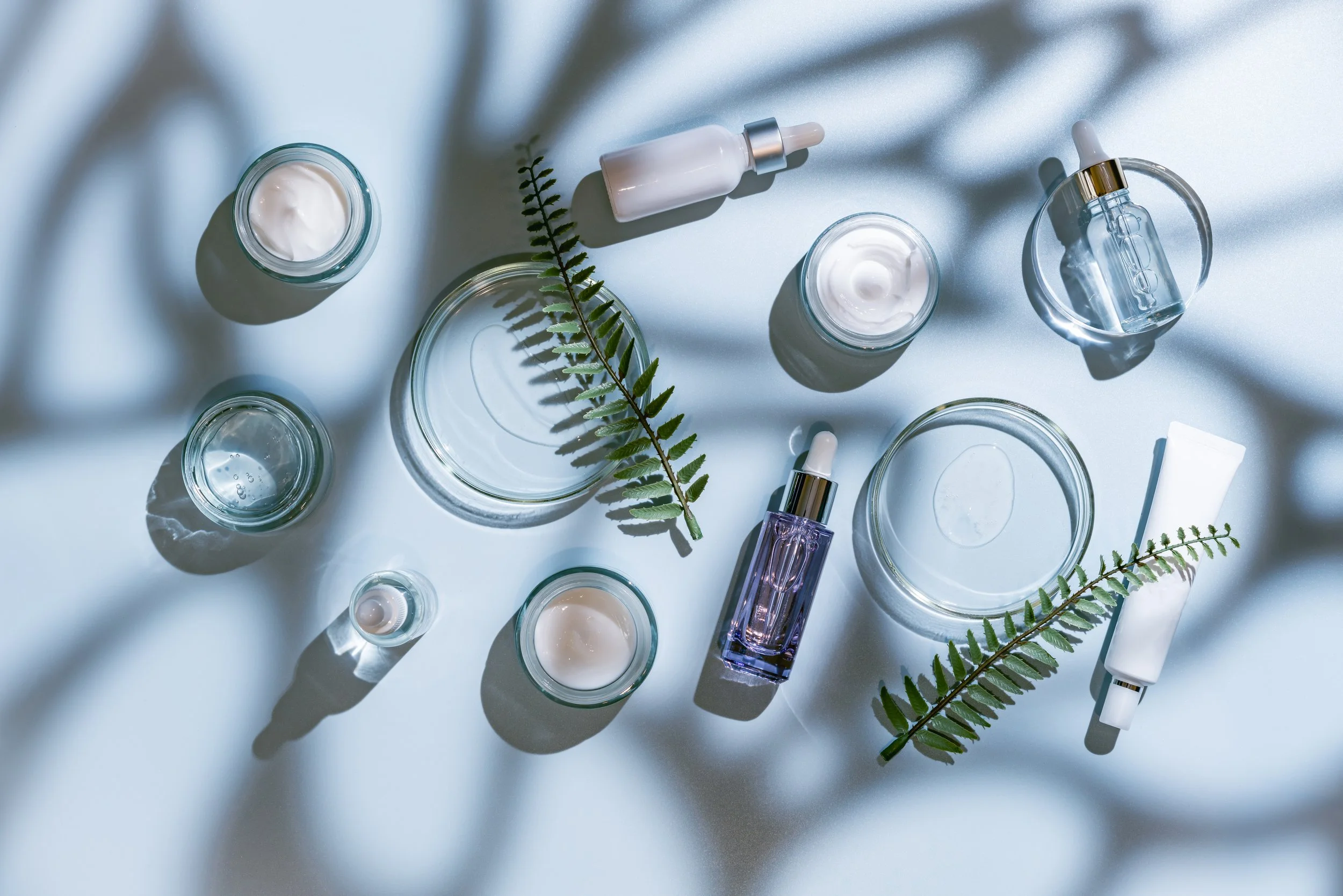 Skincare products, including jars, bottles, and tubes, arranged with fern leaves on a white surface with shadows.