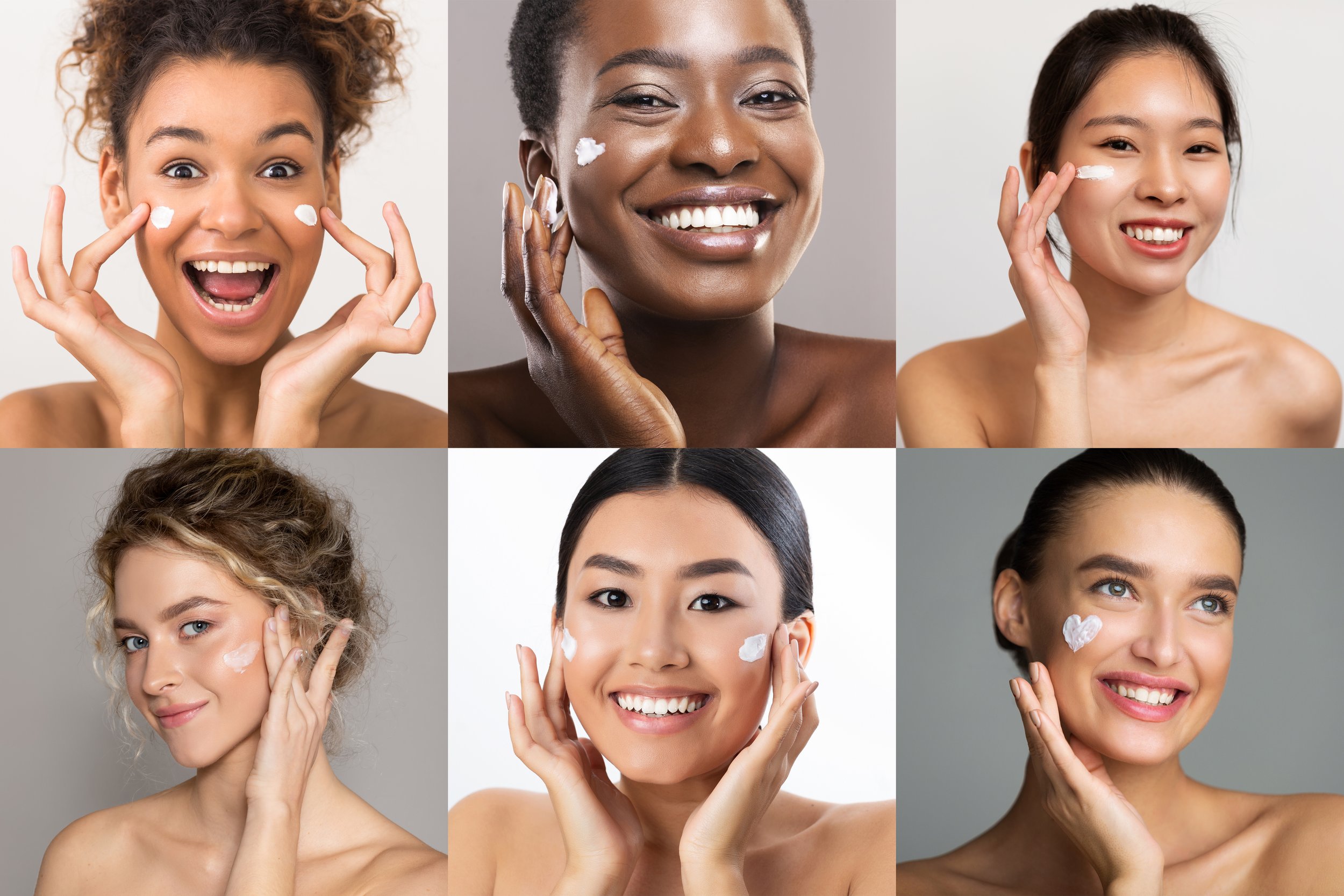 Six women of diverse ethnicities applying and enjoying skincare products, smiling, with some touching their faces, against neutral backgrounds.