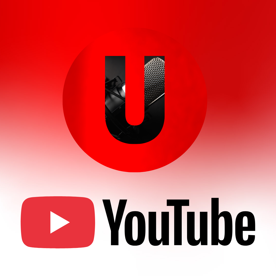 YouTube logo with a red circle, the letter 'U' in the center shows a microphone and a pop filter, with the YouTube play button and text below.