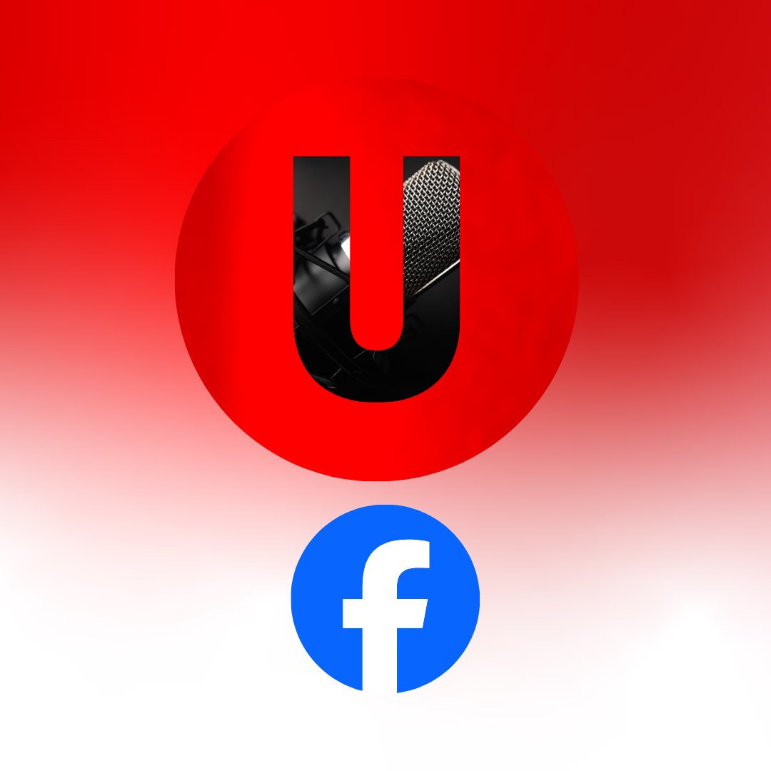 Digital artwork featuring a red circle with a black 'U' and a blue Facebook logo below.
