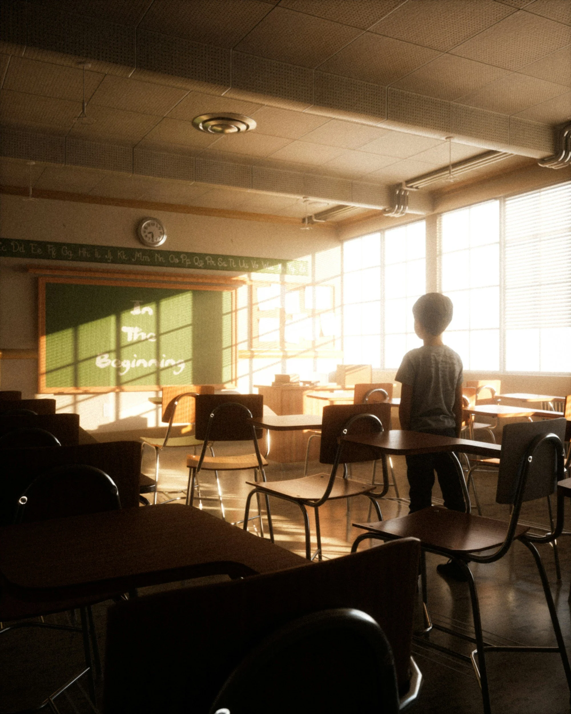 A classroom with sunlight streaming through large windows, a child standing near the front, and desks arranged in rows. The blackboard displays the title 'The Beginning' in shadowed letters.