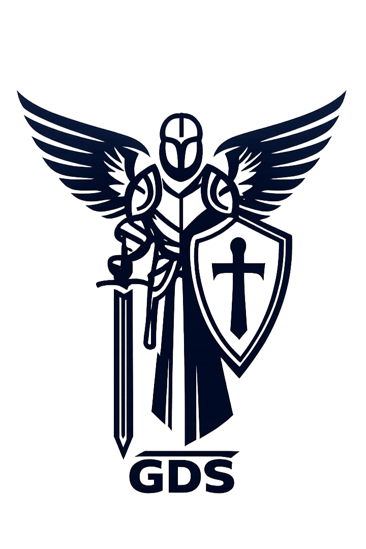 A stylized graphic of an angel with wings holding a sword and shield, with the letters 'GDS' at the bottom.