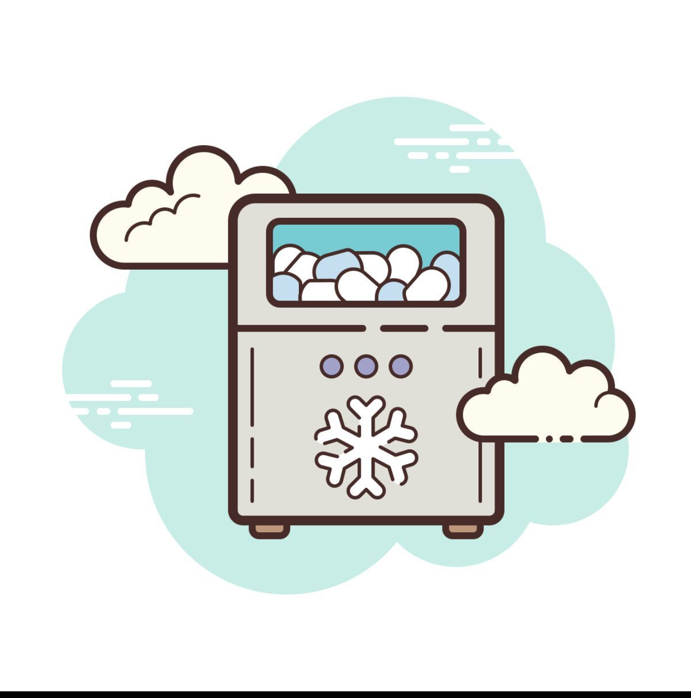 Cartoon illustration of a snowmaking machine with snow pellets inside, snowflakes on the front, and clouds in the background, indicating winter or cold weather.