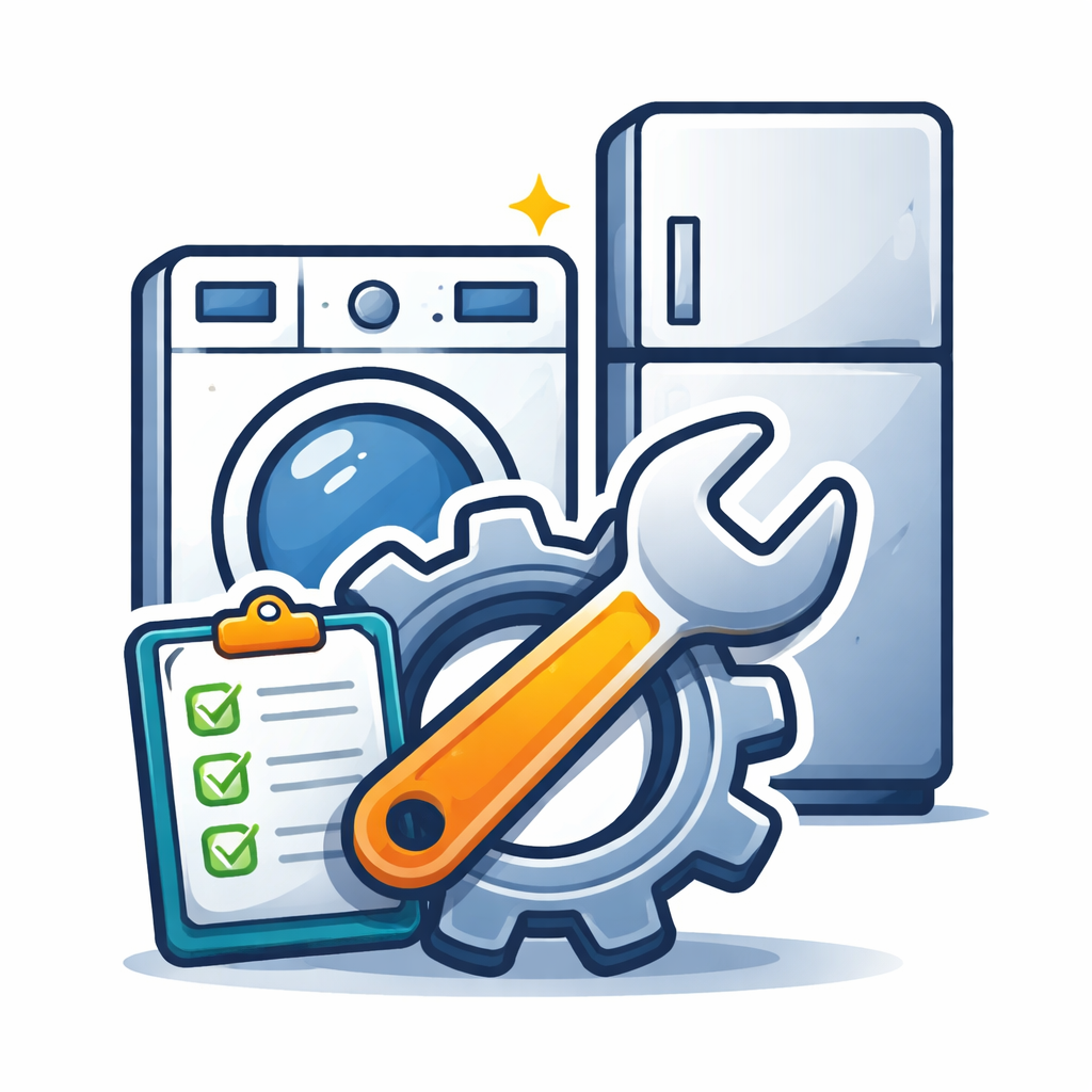 An illustration of household laundry appliances with a washing machine and refrigerator, along with a gear, wrench, and a checklist.