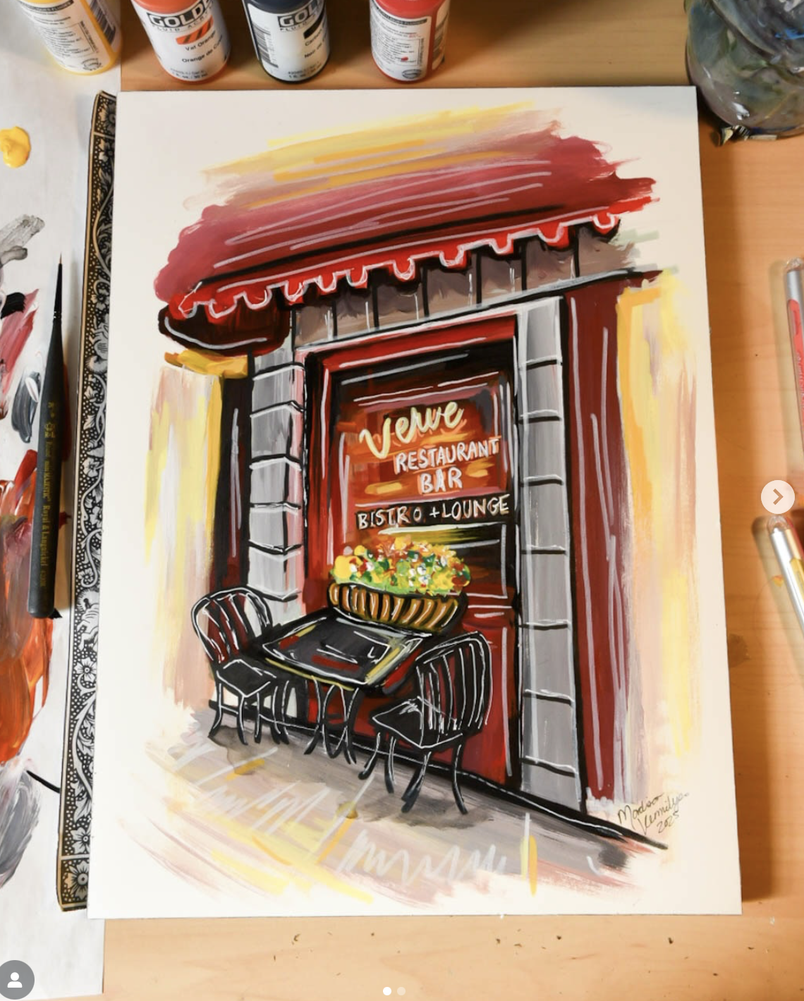 Hand-painted illustration of a restaurant bar entrance with a red awning, a neon sign reading "Viere Restaurant Bar," and a small outdoor seating area with two chairs and a table, decorated with a flower arrangement.