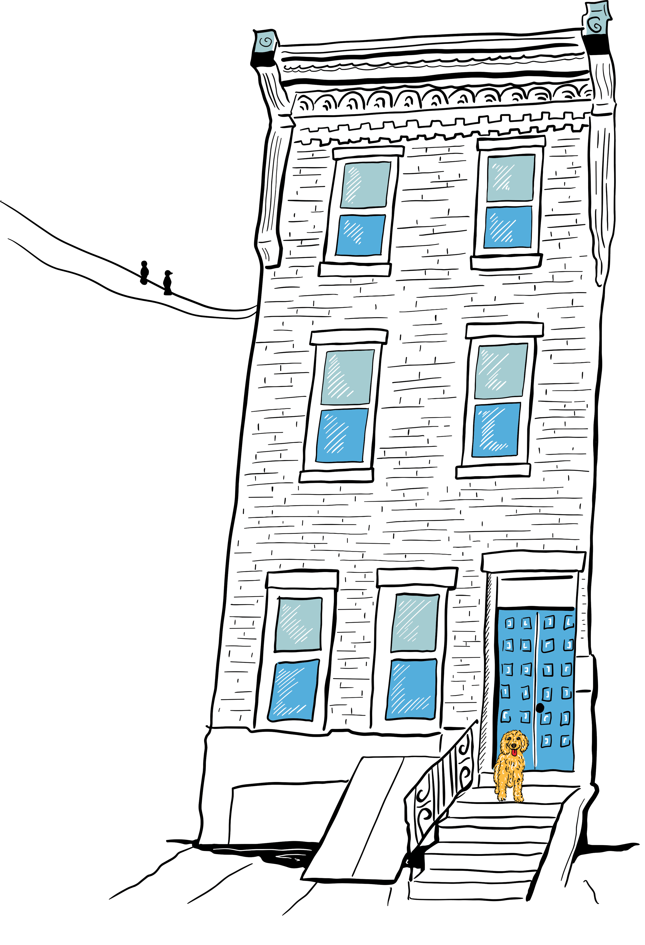 Drawing of a tilted brick building with six windows, six blue panels on the door, and a dog sitting on the front steps, with two people walking in the background.