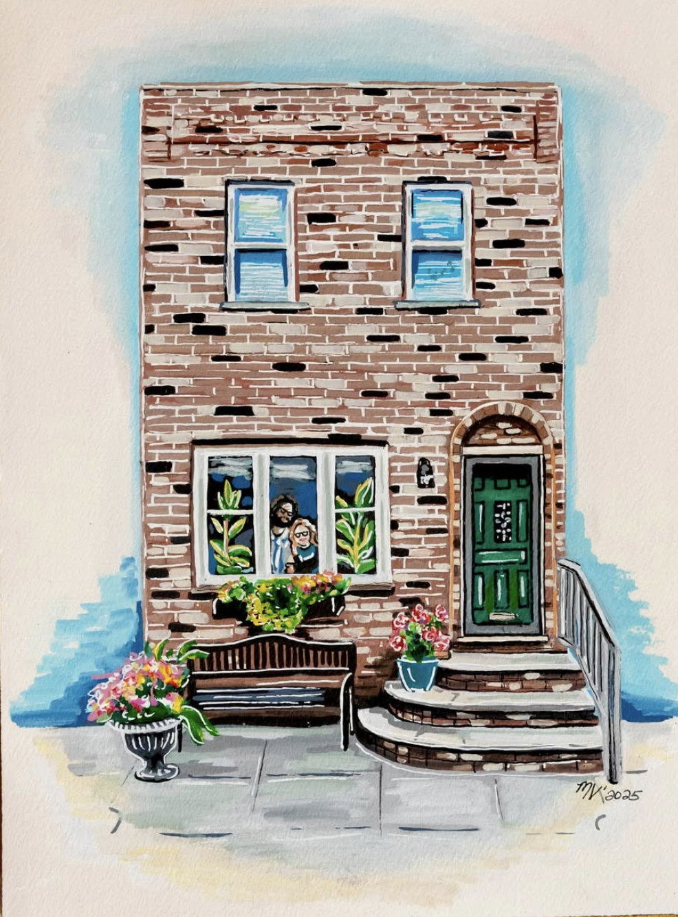 Watercolor illustration of a brick townhouse with a green front door, steps, and a window with two people looking out. There are flowers, a bench, and plants outside.