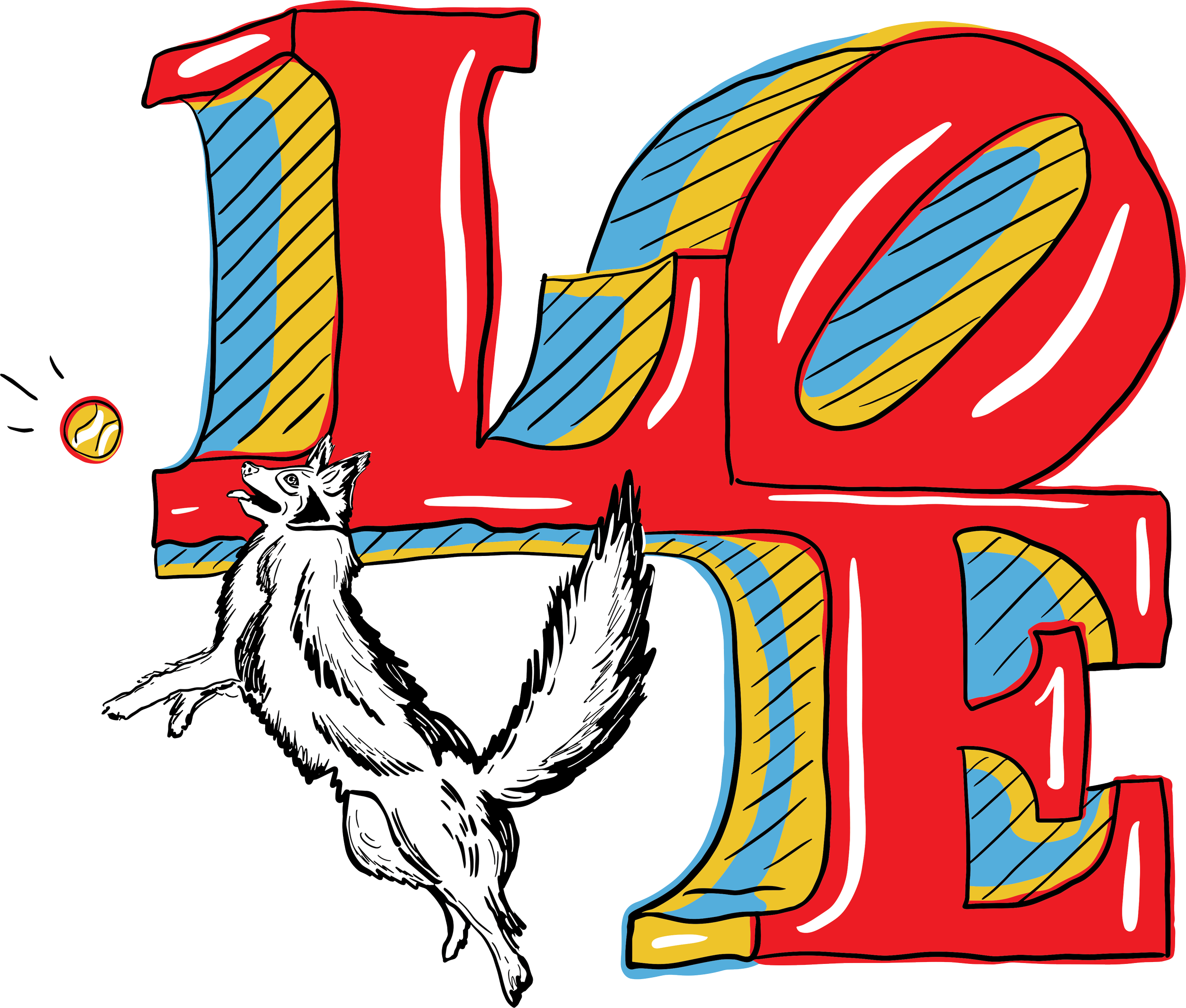 A colorful illustration of the word 'LOVE' with a flying dog playing with a tennis ball near the letter 'L'.