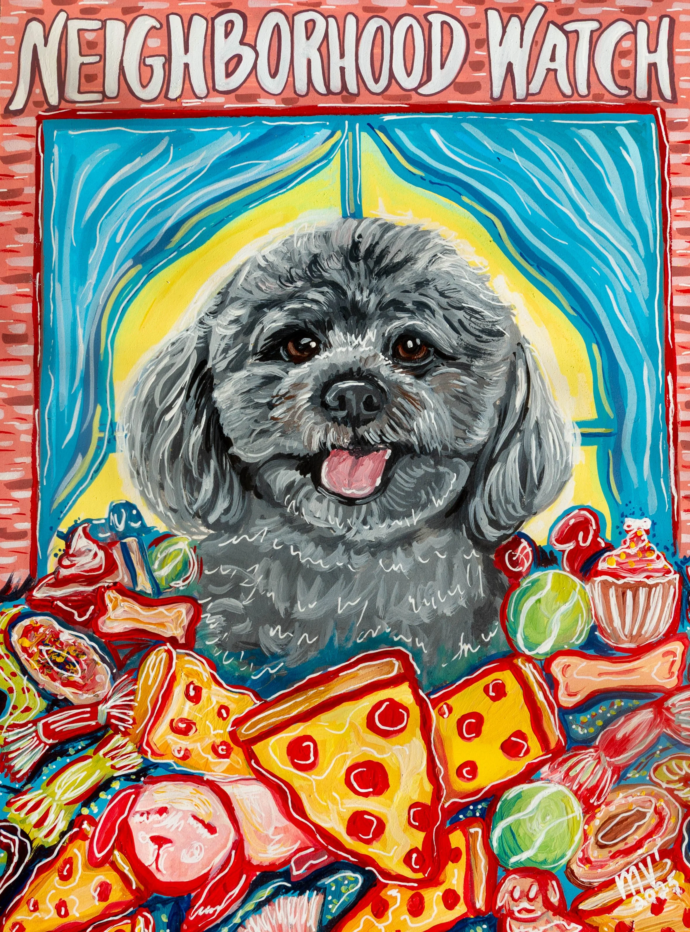 Colorful poster titled 'Neighborhood Watch' featuring a detailed illustration of a cute gray dog with its tongue out, surrounded by candies, cupcakes, and other sweets. The background includes vibrant blue, yellow, and red elements.