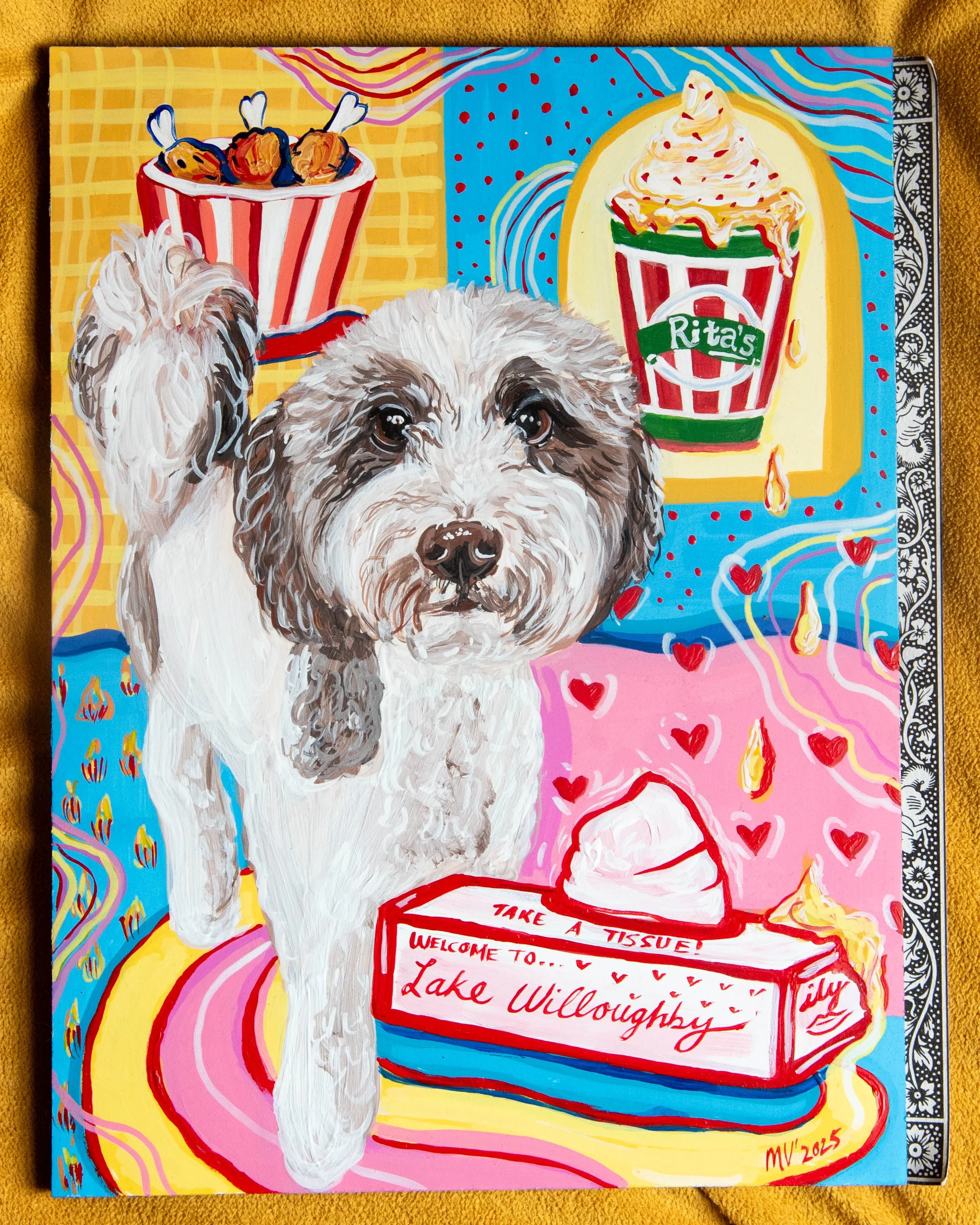 Painting of a dog with multi-colored background including popcorn, ice cream, a tissue box, and hearts.