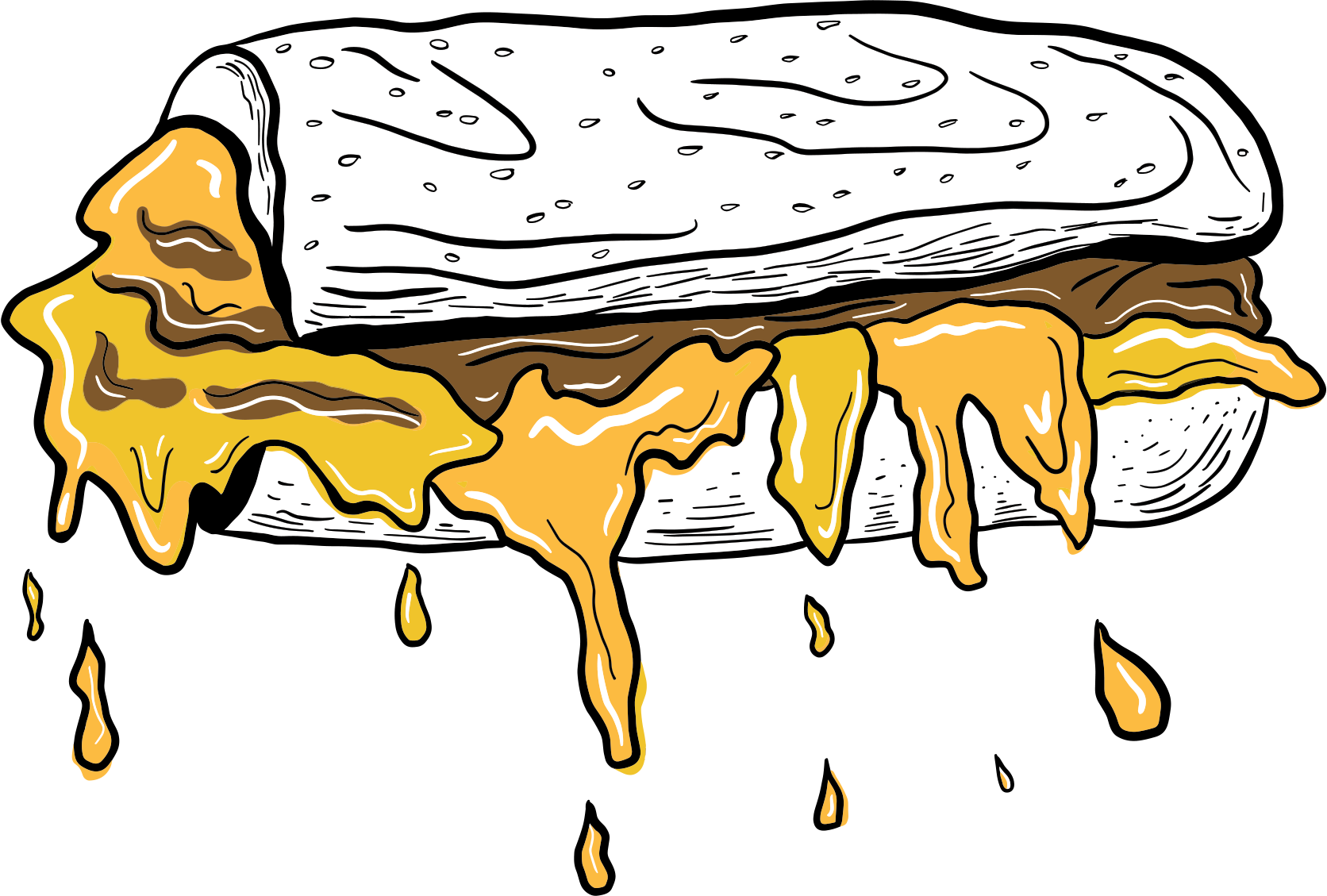 Illustration of a taco with yellow cheese, shredded beef, and a crispy shell with steam or sauce dripping from it.