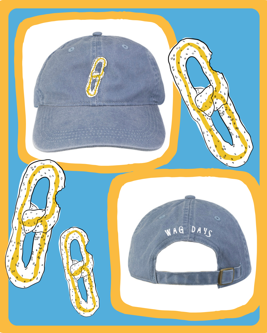A collage featuring two light blue baseball caps with embroidered links, one cap has a yellow embroidery and the other has white embroidery, all portrayed with rock and roll doodle style outlines on a background with a blue and orange abstract design.