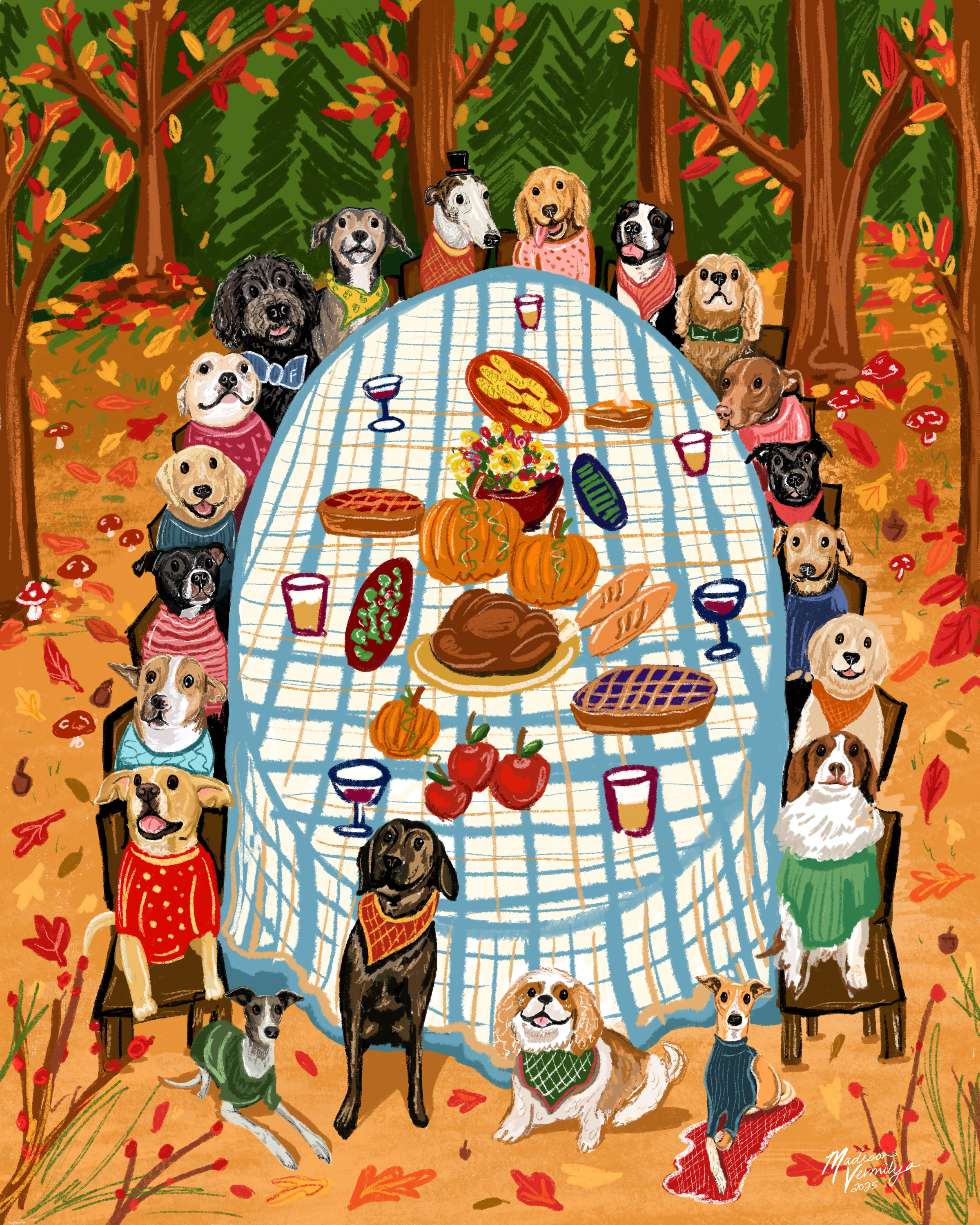 Dogs gathered around a festive outdoor autumn feast table with autumn leaves and trees in the background.