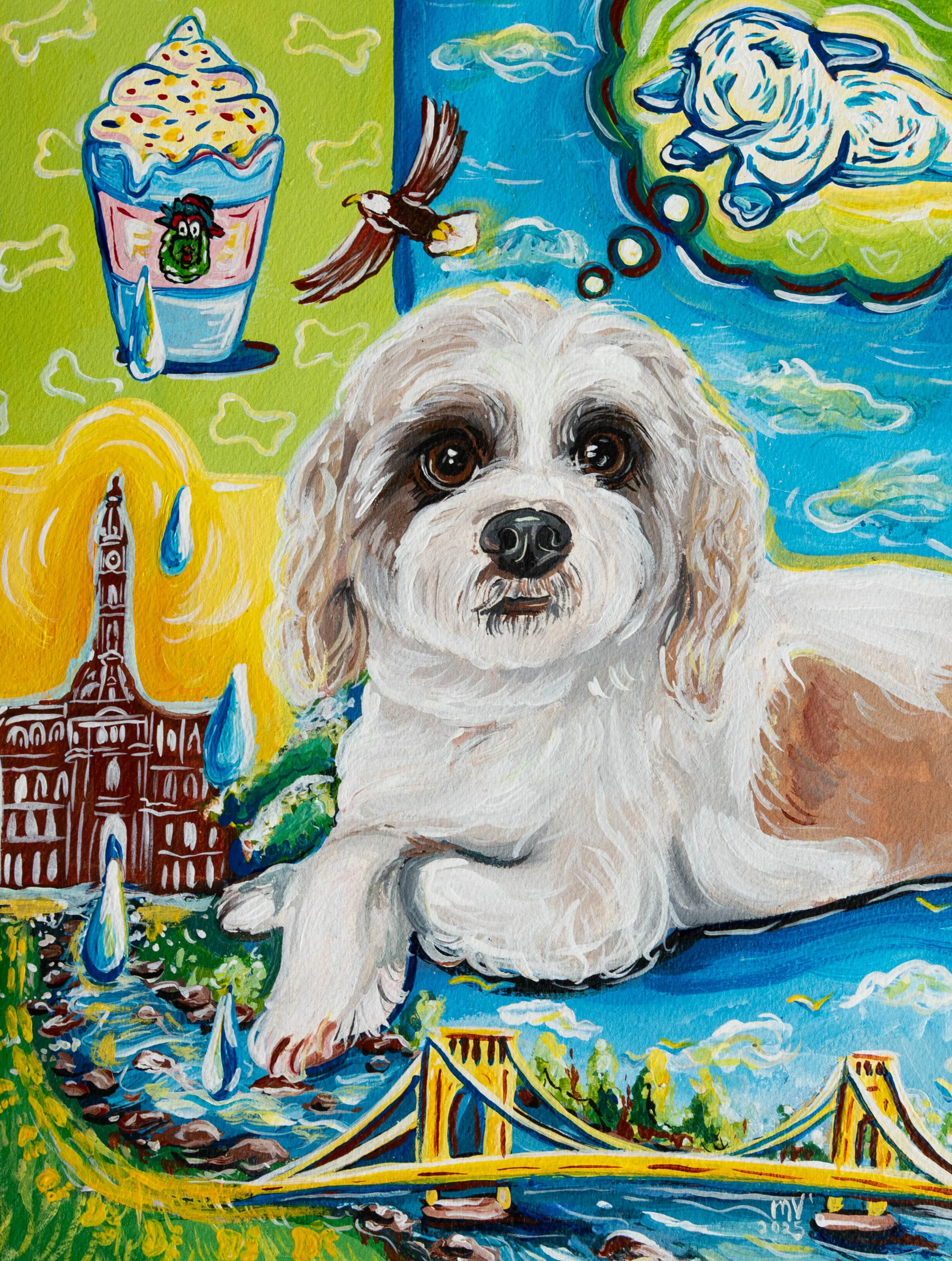 Colorful painting featuring a small dog, likely a Shih Tzu or similar breed, with a backdrop of famous landmarks such as the Eiffel Tower and the Golden Gate Bridge. The painting includes imaginative elements like a giant ice cream cone, a bird, a dog paw print, a flying dog, and stylized clouds and water.