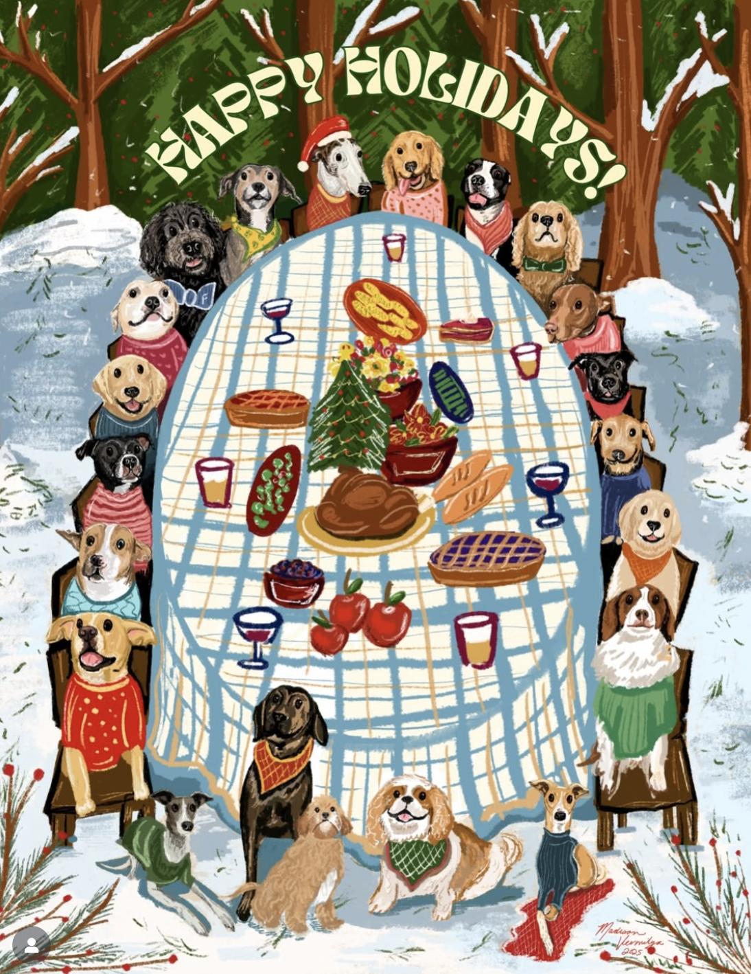 Illustration of a festive holiday meal with dogs sitting around a table outdoors in a snowy forest. The table is covered with a checkered tablecloth and decorated with food and drinks, including turkey, pie, cherries, and various dishes. The dogs are wearing colorful sweaters and bandanas, and a banner above them reads 'Happy Holidays!'