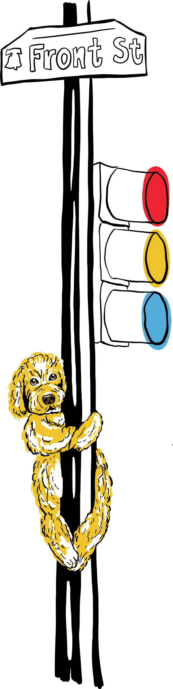 Illustration of a crosswalk signal with a yellow dog hanging onto the pole, next to a street sign that reads 'Front St', and traffic lights showing red, yellow, and blue lights.