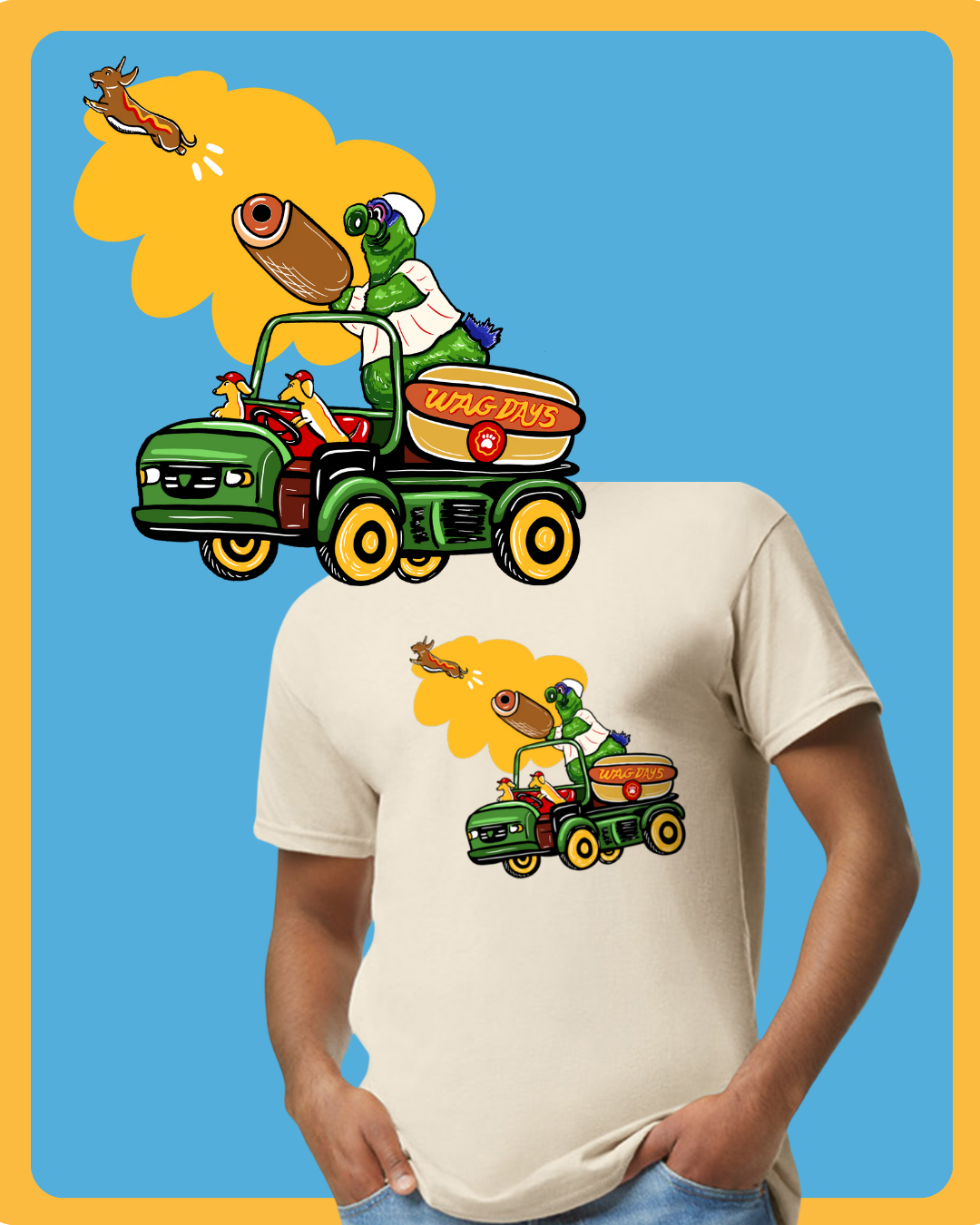 A person wearing a beige t-shirt with a colorful cartoon graphic of a monster truck with ducks and a green monster riding, and the sign "WAG DAYS" on the truck, on a blue background with orange borders.
