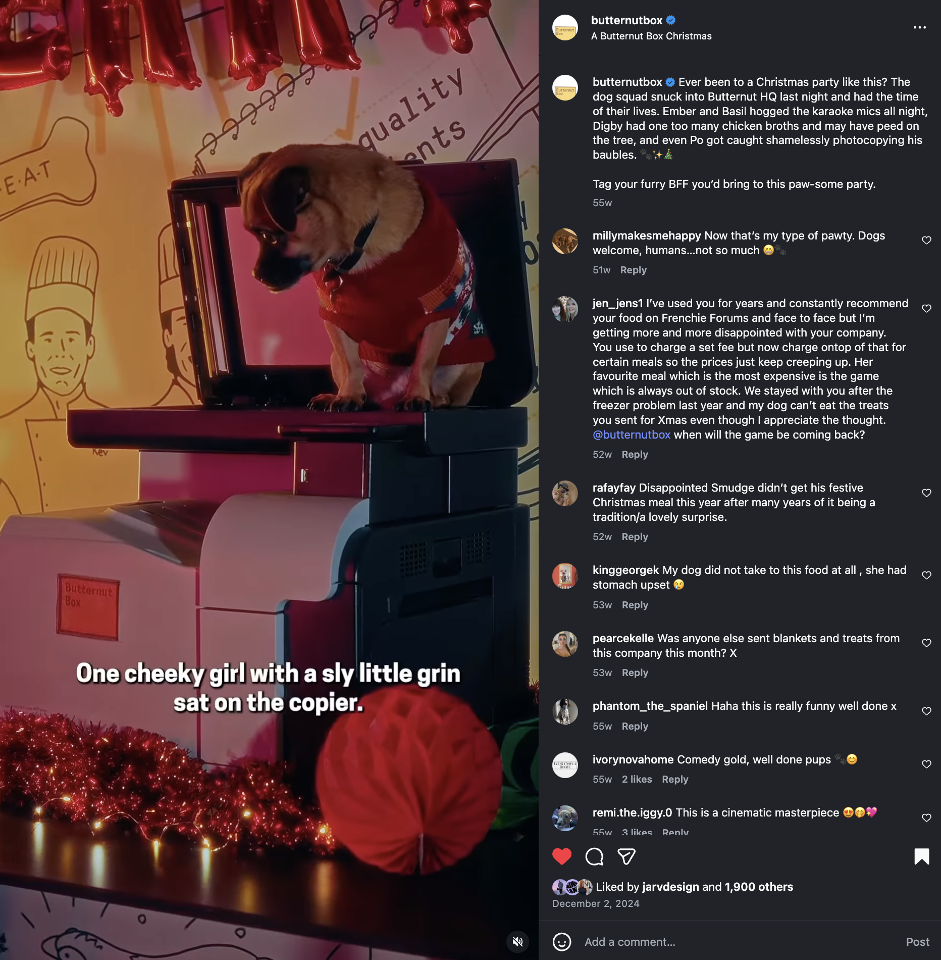 A small dog sitting inside a photocopier at a Christmas party, wearing a red sweater, with Christmas decorations and a cheerful background.