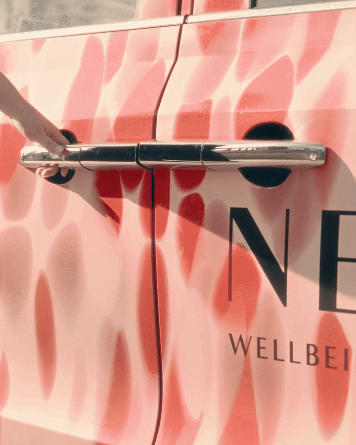 Close-up of a pink vehicle door with a metallic handle, partially showing the word "WELLBE" on the side.