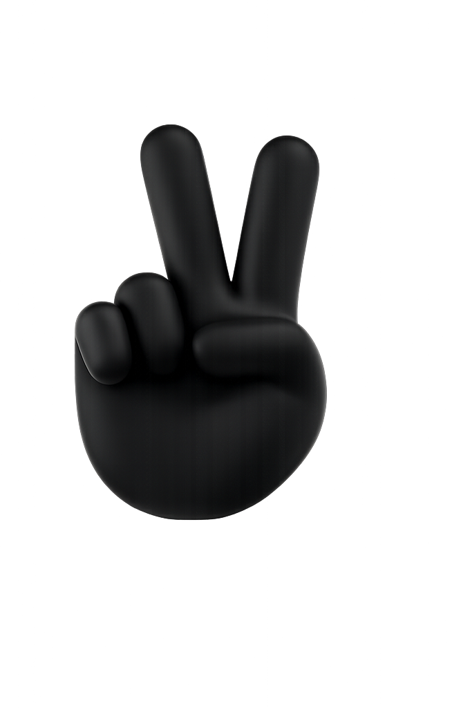 A black hand making a peace sign with two fingers in the foreground, set against a vibrant, abstract purple and pink background.