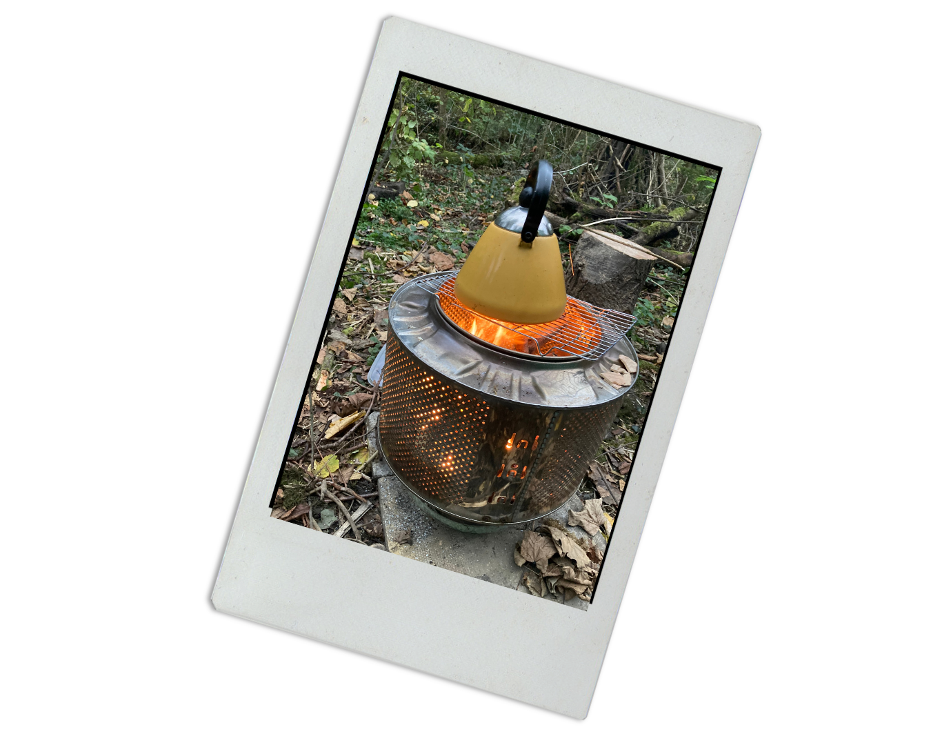 A yellow kettle placed on a metal grill over a small outdoor fire pit in a wooded area surrounded by leaves and trees.