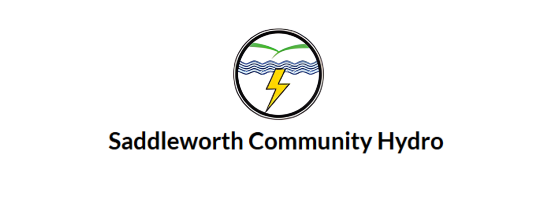Logo of Saddleworth Community Hydro featuring a circle with a lightning bolt, wavy water lines, and green and blue elements, with the text 'Saddleworth Community Hydro' below.