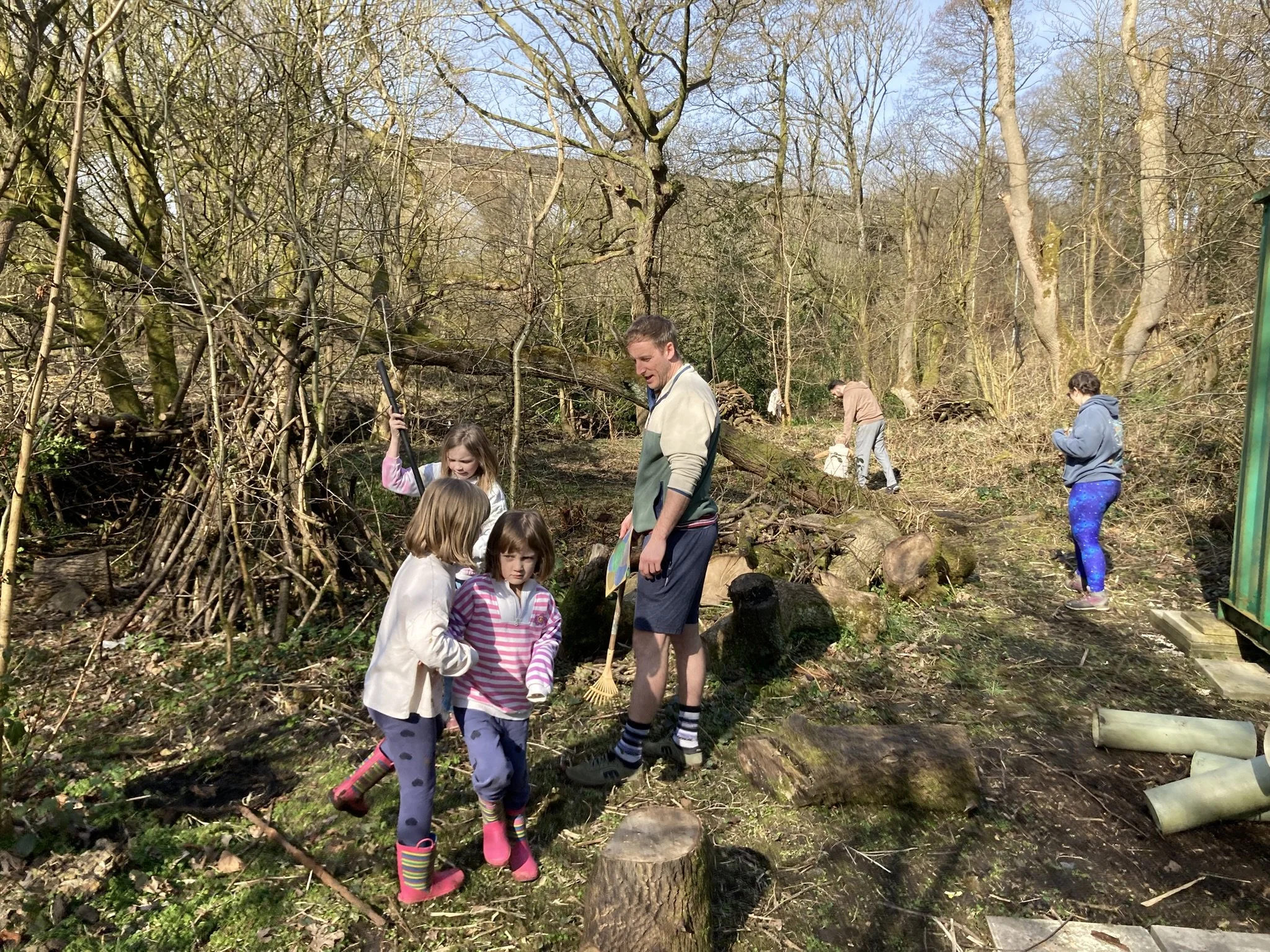 Children and an adult working together in a wooded area, gathering branches and clearing debris during the daytime.