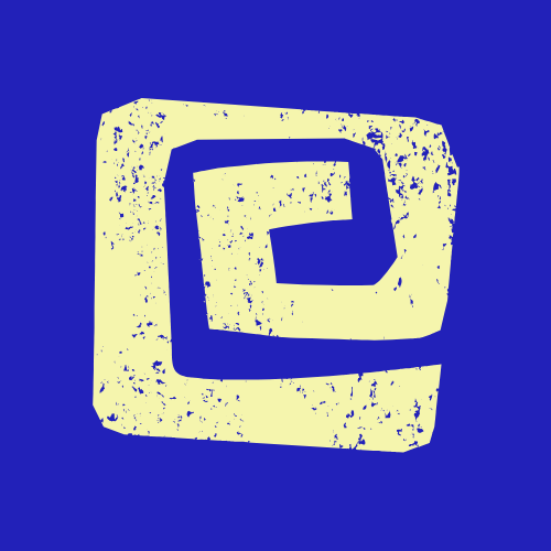 A stylized, grunge-style logo with a beige spiral inside a square on a solid blue background.