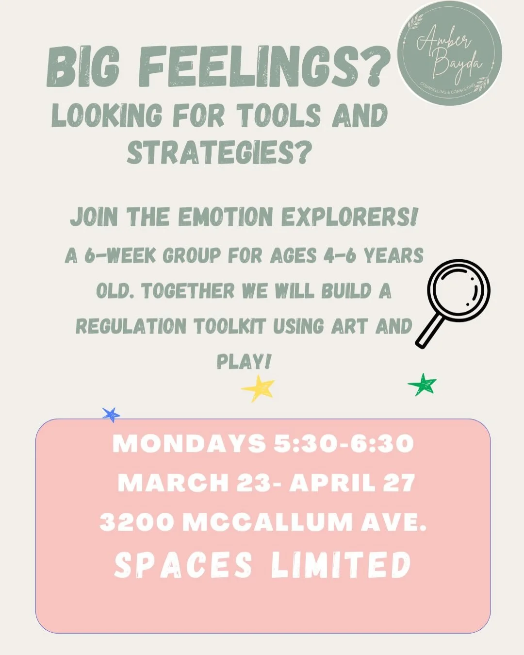 Emotion Explorers is back!!! 🔎🎉🥳We are so excited to get to know our next group. Spots go extremely fast so email ASAP to secure your spot : amberbaydacc@gmail.com