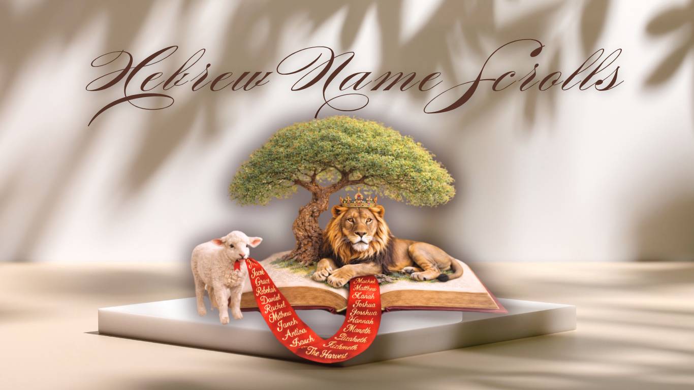 A creative digital artwork featuring a tree, a lion with a crown, and a sheep, all emerging from a magical book with a red ribbon decorated with names, set against a soft bokeh background with the text 'Hebrew Name scrolls' in elegant script.
