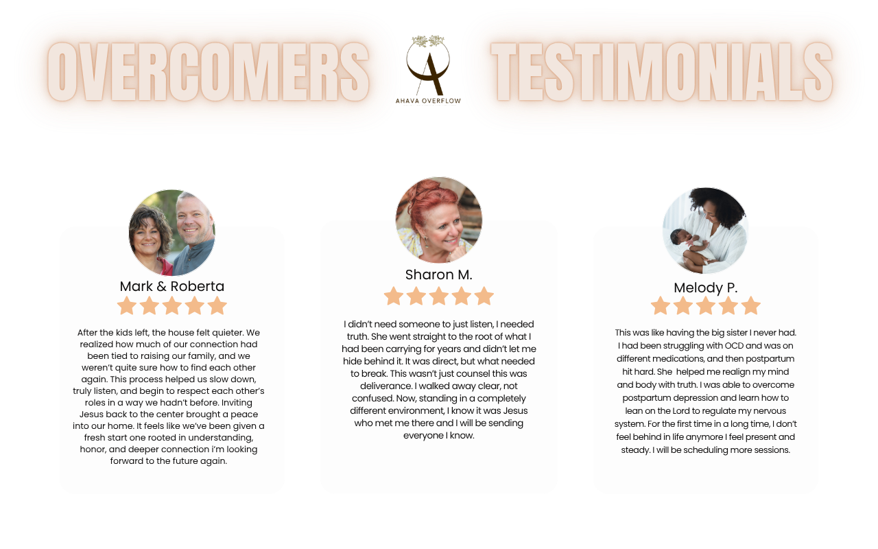Testimonial webpage with three client stories titled 'Overcomers' and 'Testimonials,' containing images of the clients and their detailed personal stories beneath each photo.