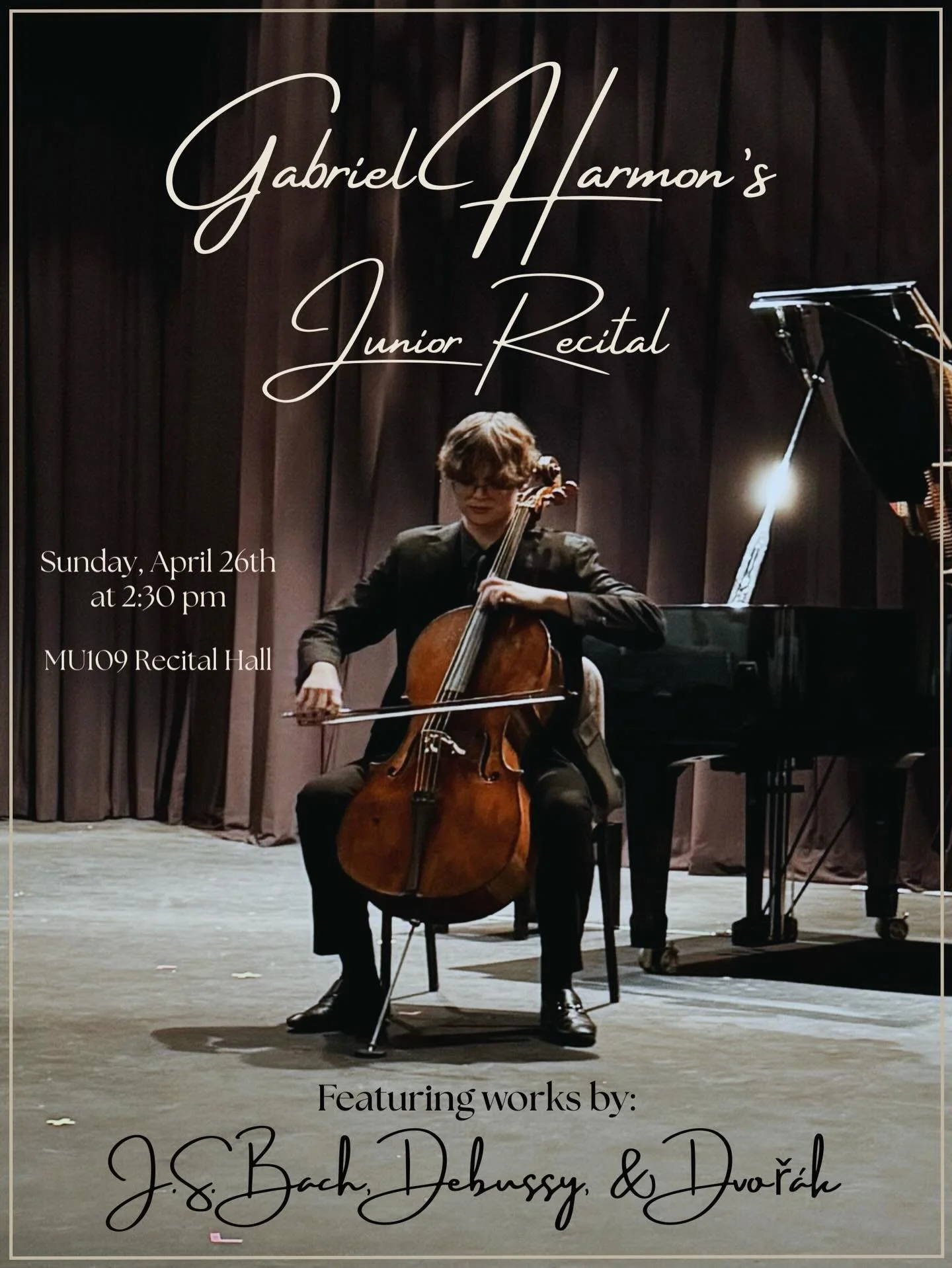 i&rsquo;m excited to announce that i will be performing my junior recital on sunday, april 23rd at 2:30 pm!

the program i chose contains some of my favorite pieces written for cello &mdash; it&rsquo;s been an absolute joy preparing them. i am also l