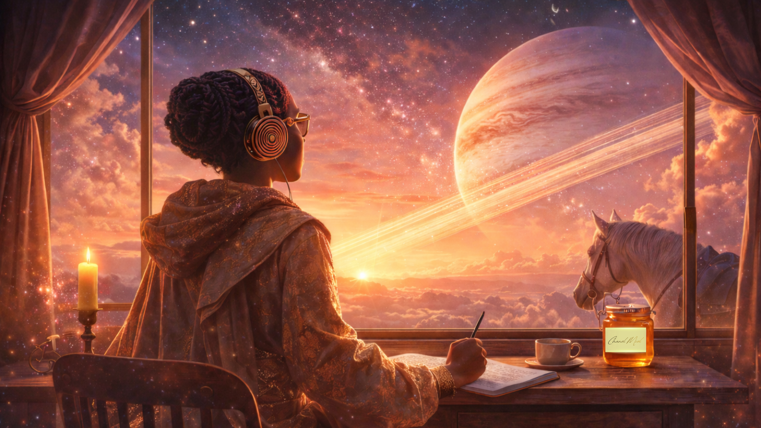 A woman with braids, headphones, and glasses sitting at a desk, writing in a notebook, looking out of a window at a cosmic sky with planets, stars, and clouds, during sunset. The desk has a candle, a cup, and a jar labeled 'Chand Med'.