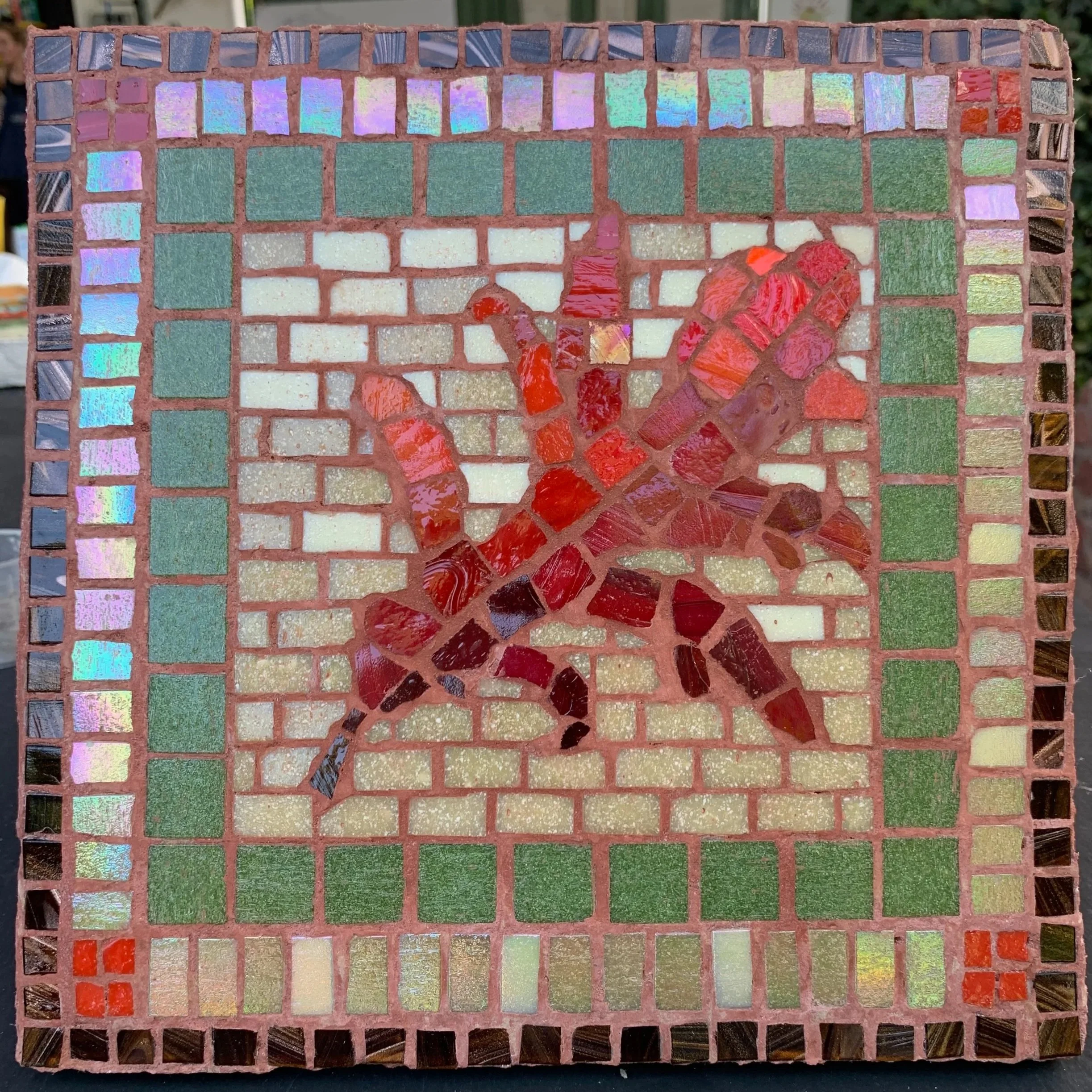 "Red Leaf", smalti and glass tile set in reverse for a smooth flat surface - 9"x9"