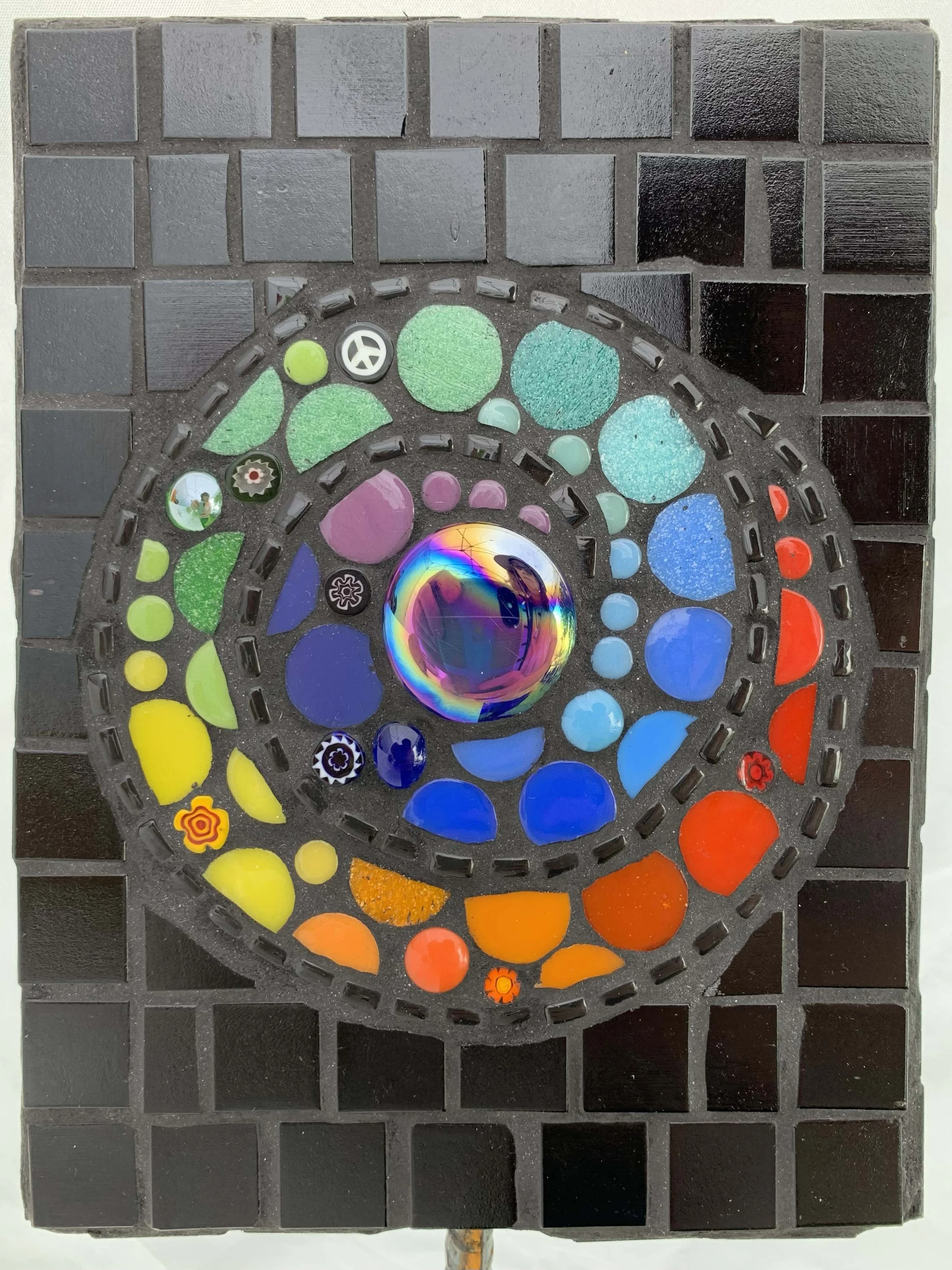 Rainbow Spiral garden stake, glass tile on hand built substrate - 8" x 8"