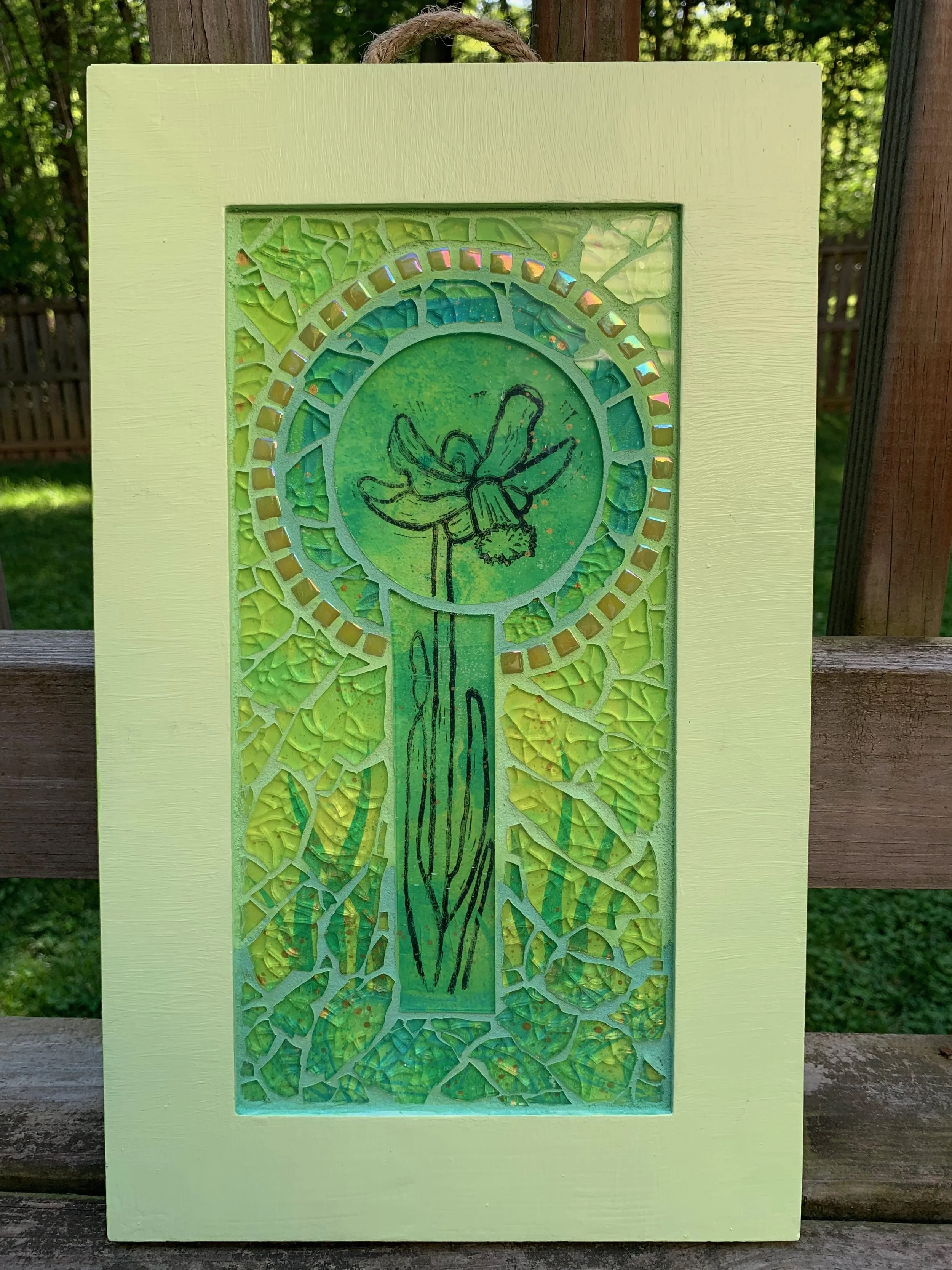 "Spring Elegy", Art glass, tempered glass and glass tiles over hand-printed stamped image and hand-painted collage paper.