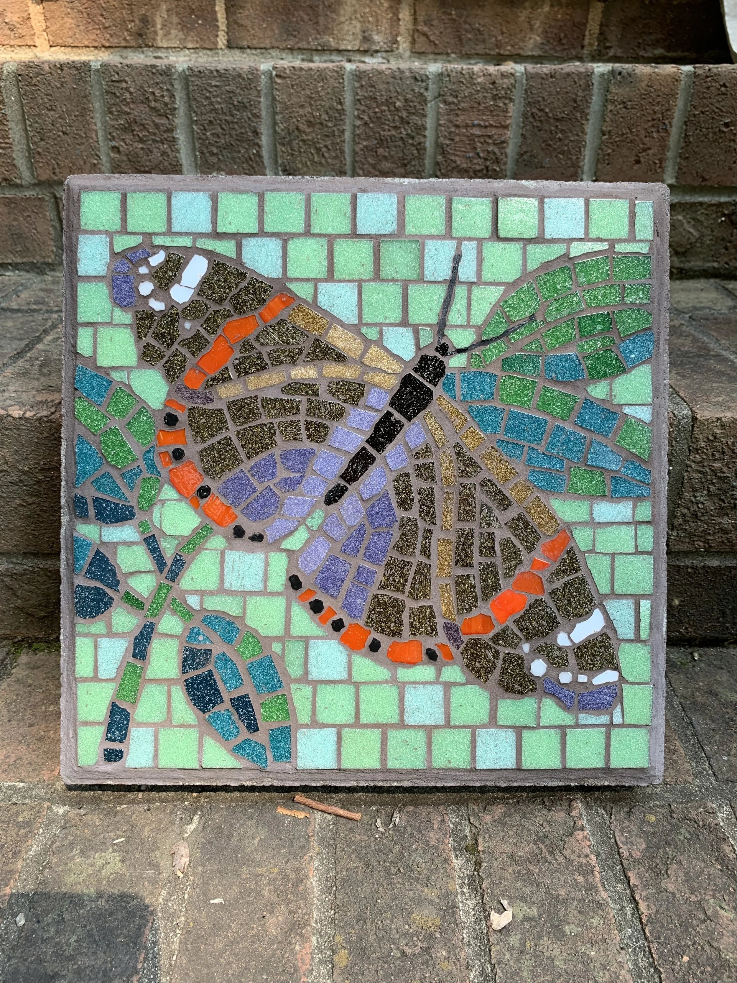 "Red Admiral", stepping stone built on pre-fabricated concrete and covered in vitreous glass tile - 11" x 11"
