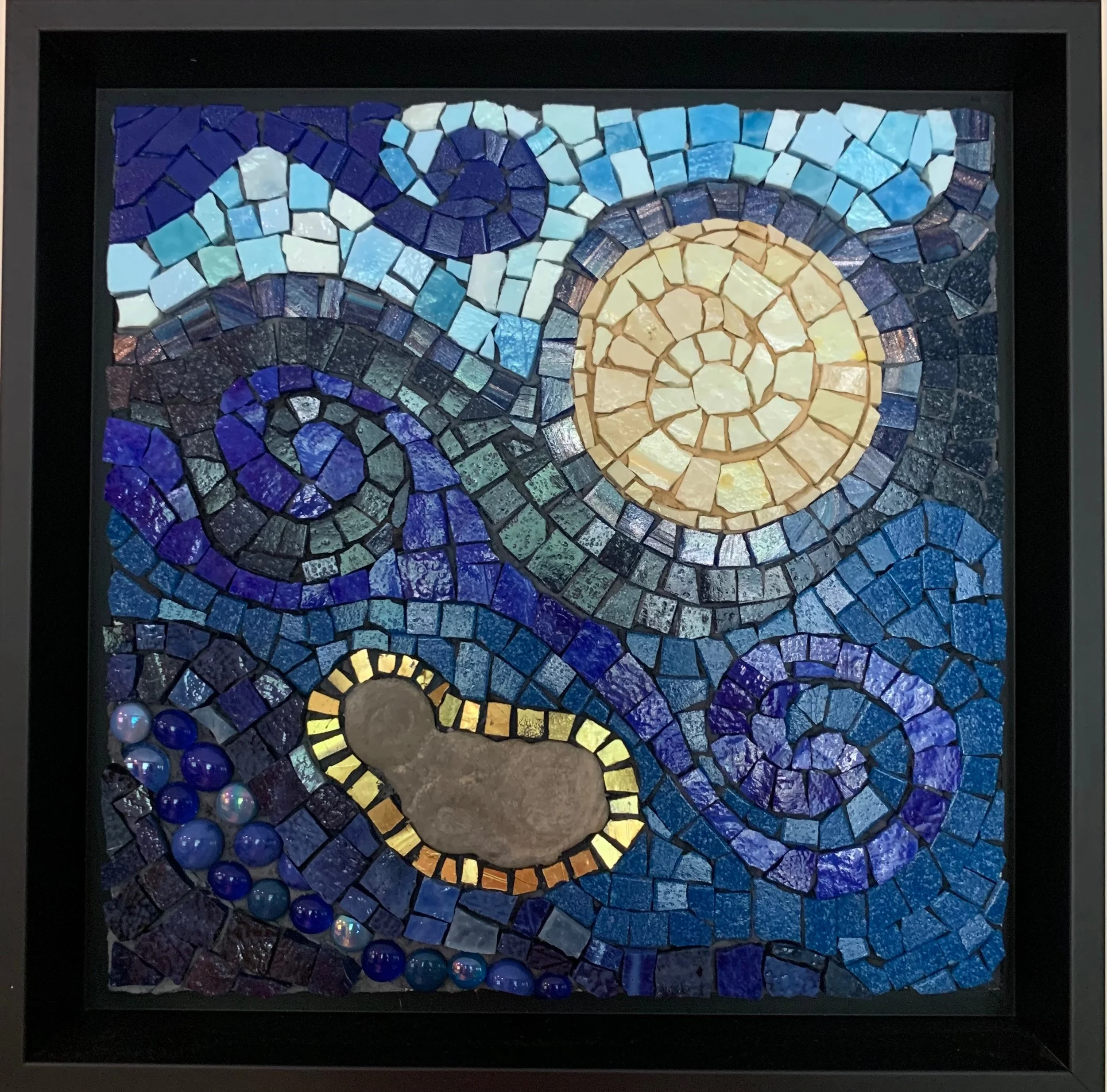 "The Dreamer", Mexican smalti, glass tile and fossilized stone - 10"x10"
