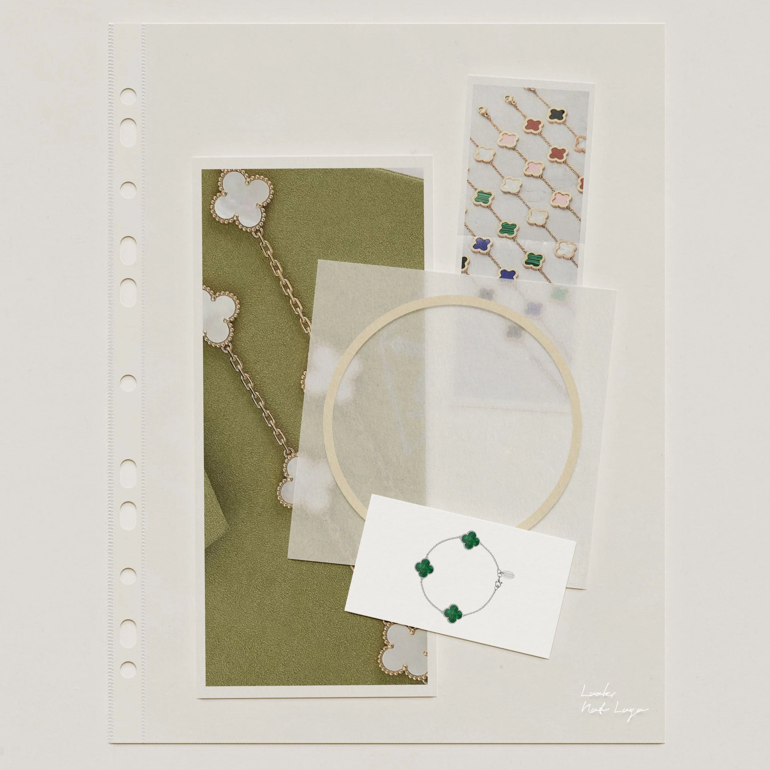 Collection of jewelry and design materials including a necklace with flower-shaped charms, a bracelet with green clover charms, a circular frame, and decorative sticker sheets with colorful flower-shaped and abstract designs.