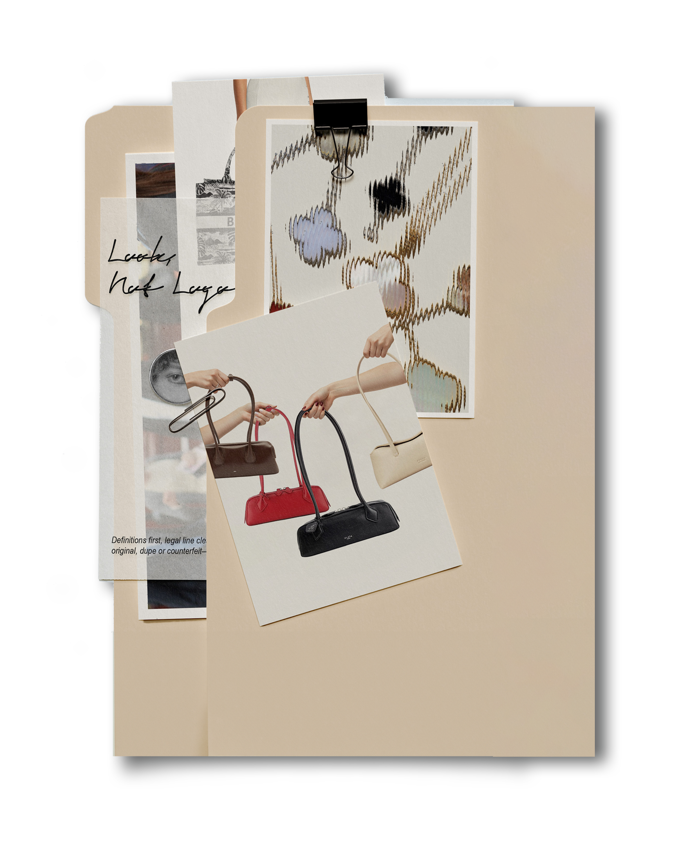 Collage of photos and papers, including a photo of four handbags in red, black, beige, and brown, overlapping each other, with abstract art and handwritten notes in the background.