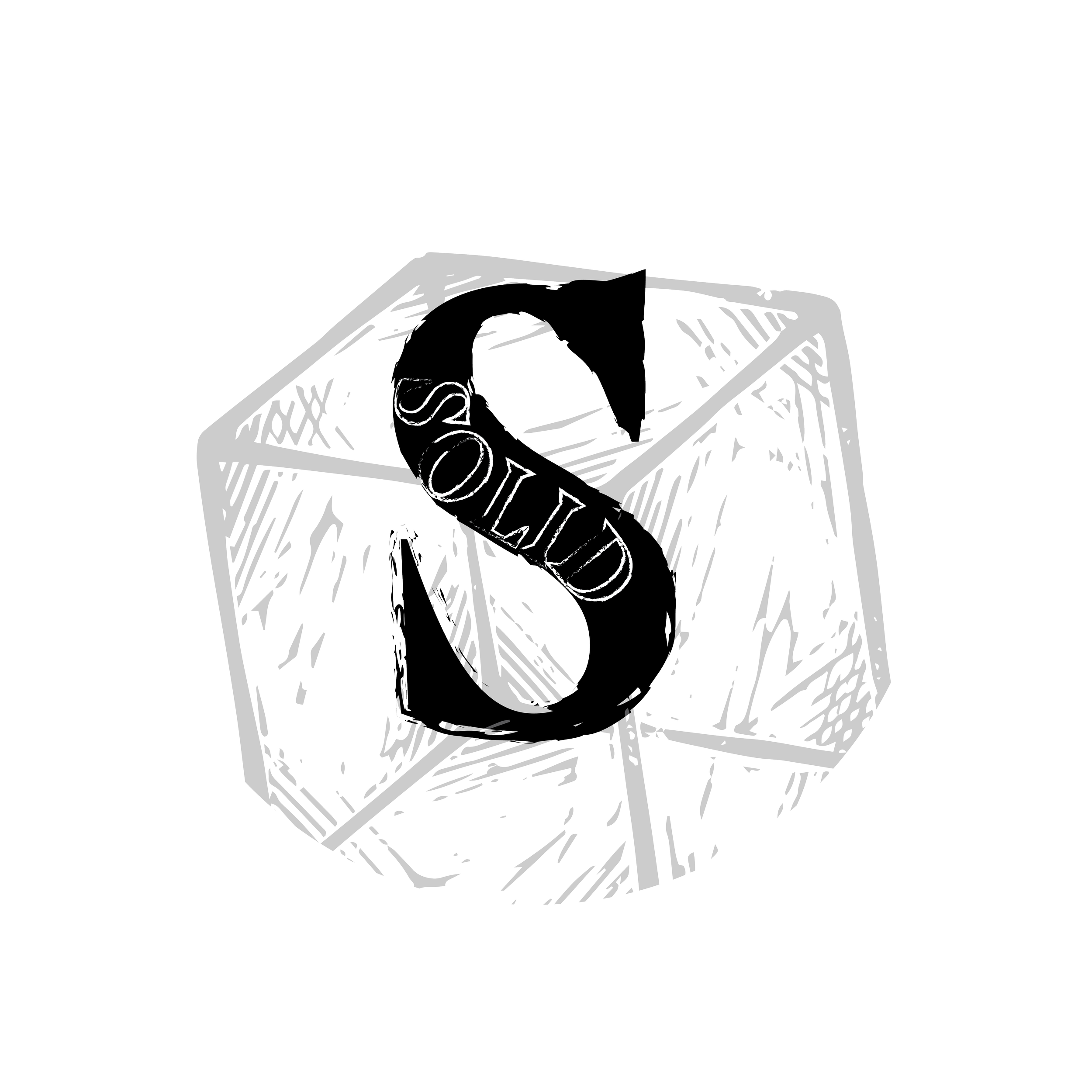 A digital illustration of a single dice cube with the word 'SOLID' on one visible face, drawn with sketch-like white lines on a black background.