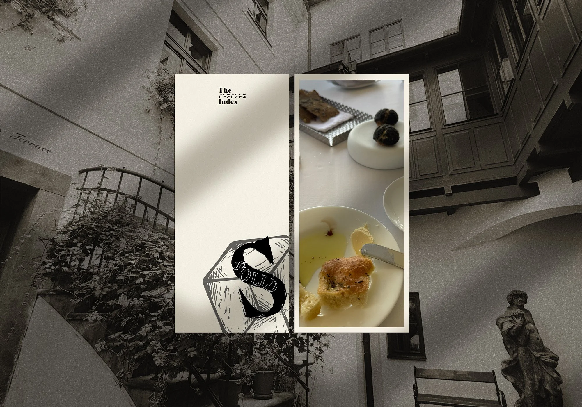 A collage featuring a black and white photo of architectural elements, including windows, a statue, and a staircase, with a central vertical strip showing food items such as bread, cheese, and olives on white plates, and a menu titled 'The Index' with a drawing of a box.
