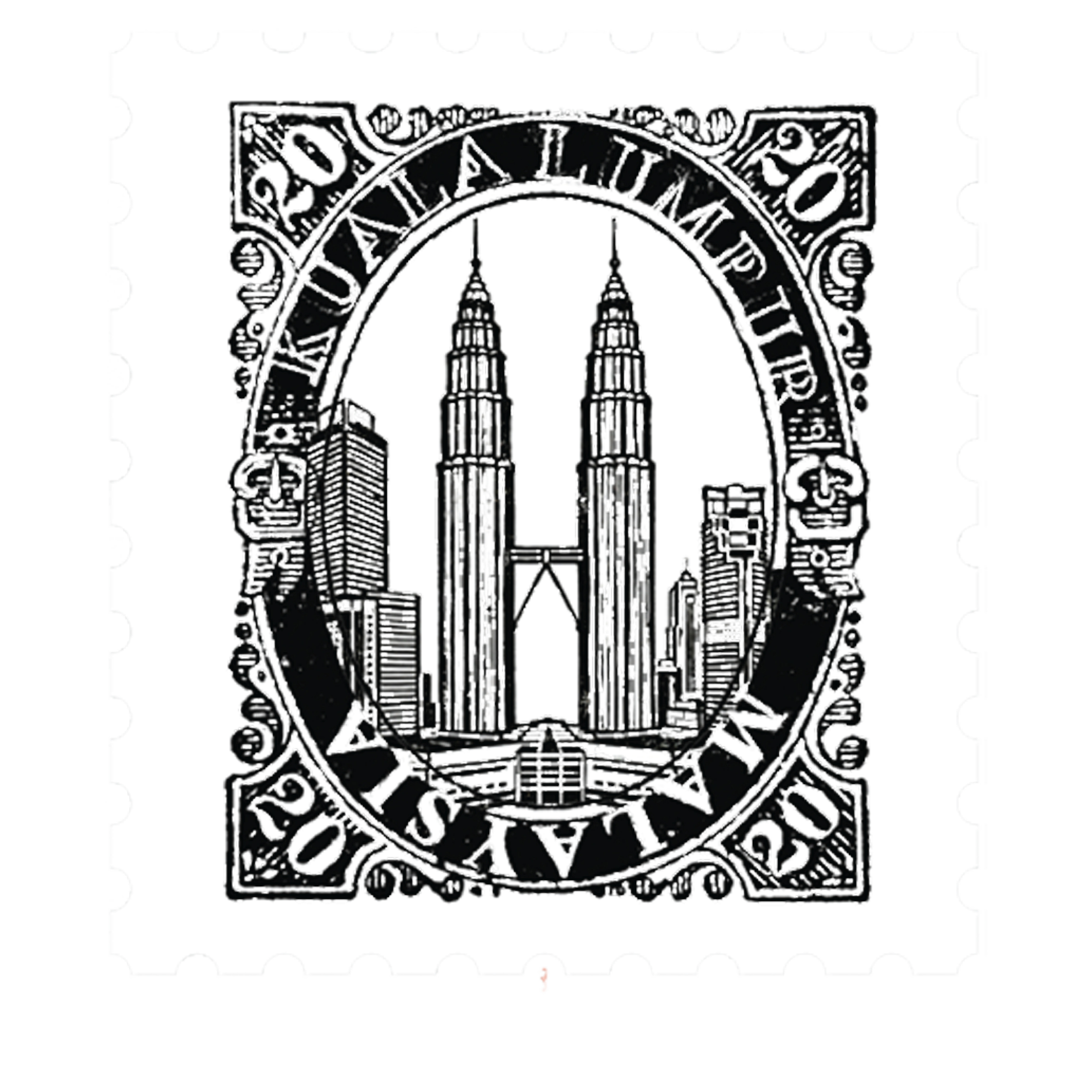 Black and white postage stamp featuring the iconic Petronas Twin Towers in Kuala Lumpur surrounded by other tall buildings, with the words 'Malaysia' and 'Postage' and the denomination '20'.