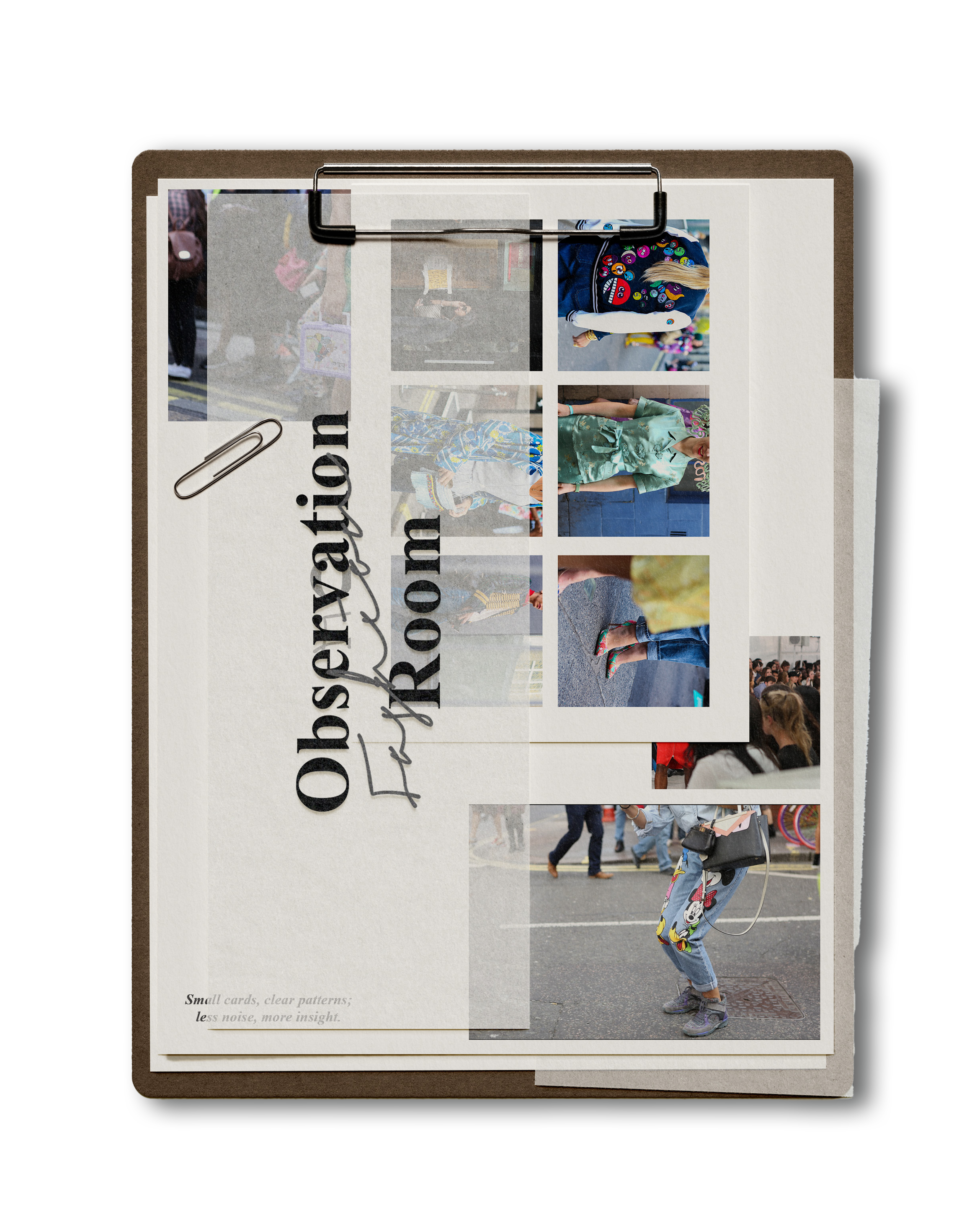 A folder with photographs and text, featuring a large image of a person walking on a city street, and smaller photos of people in casual clothing, some showcasing shoes, and a paperclip attached to the folder.