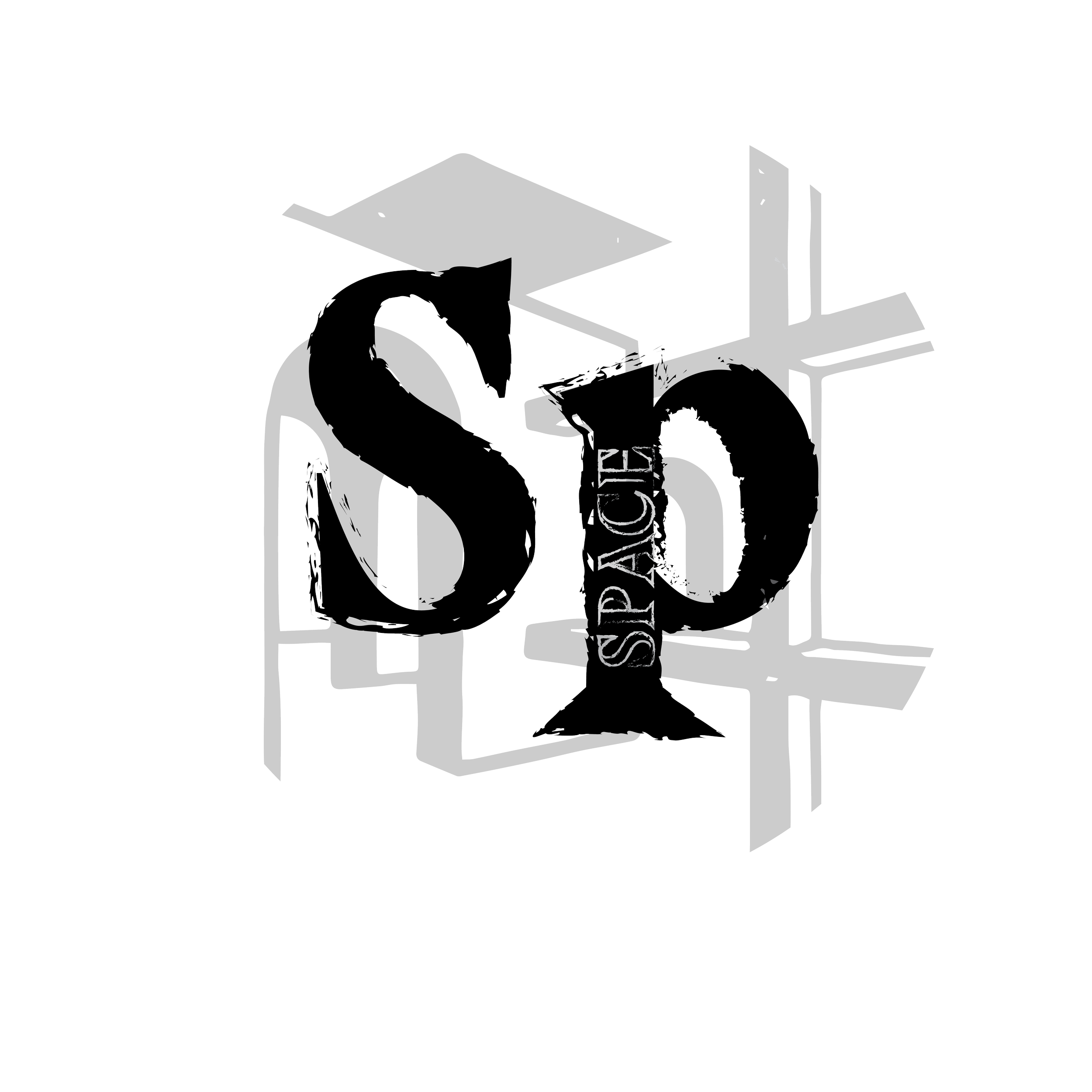 Line drawing of a vintage spaceship with the name 'SPACE' on its side, positioned in front of a cross-shaped structure.