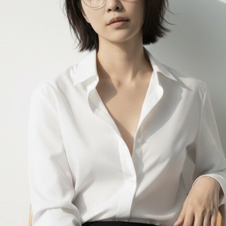 A woman with short dark hair wearing glasses and a white button-up shirt, looking at the camera.