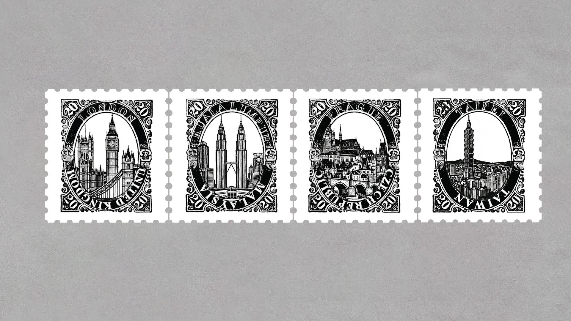 Four black and white postage stamps featuring famous landmarks from cities around the world, including London, Kuala Lumpur, Prague, and Taiwan.