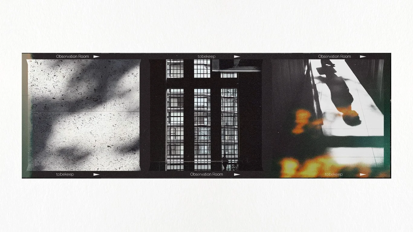 A triptych of black and white photographs of urban scenes and a person, with the words 'Observation Room' and 'tobekeep' on the borders.